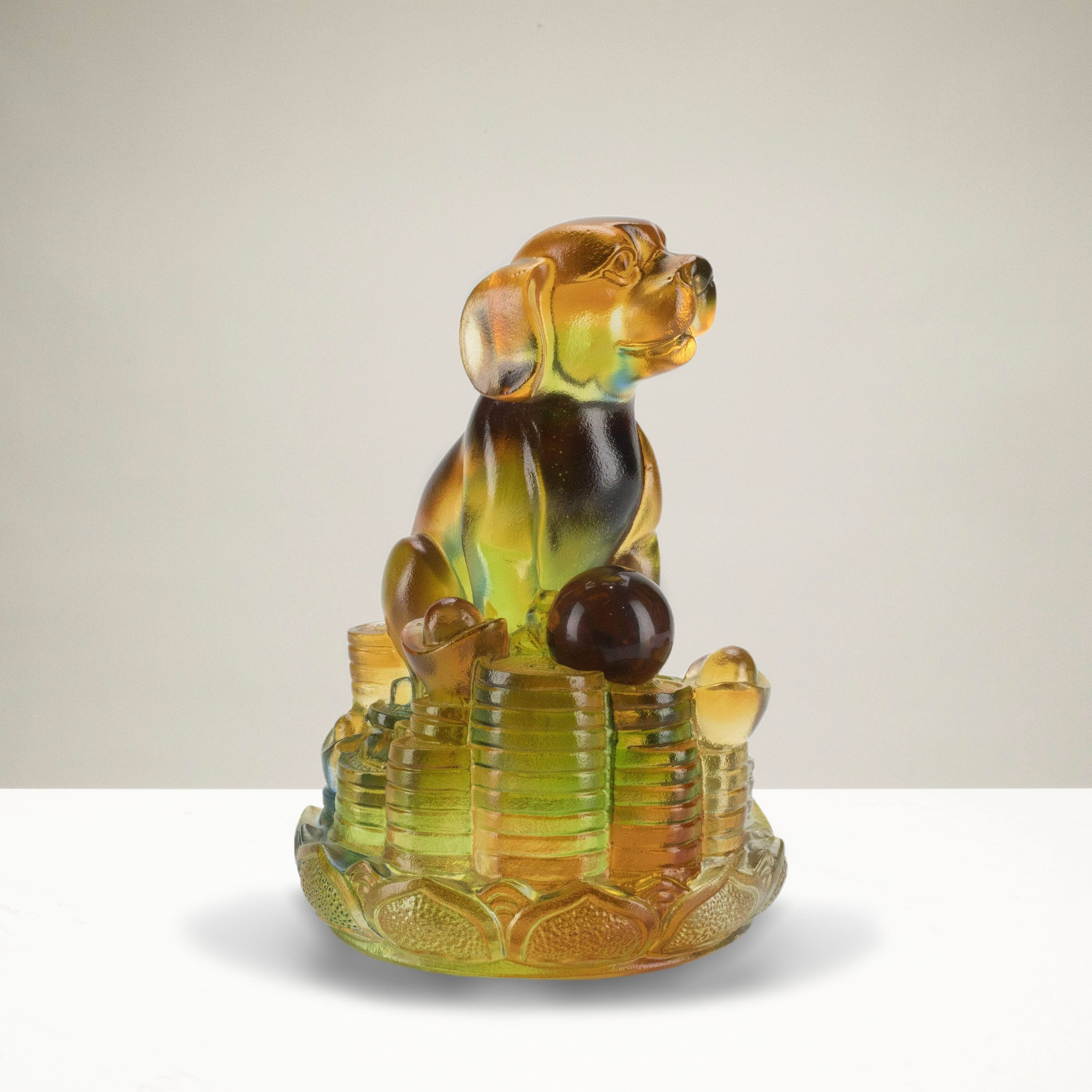 Kalifano Crystal Carving Dog on Mountain of Gold Coins Glass Carving Art CRYSTAL.103