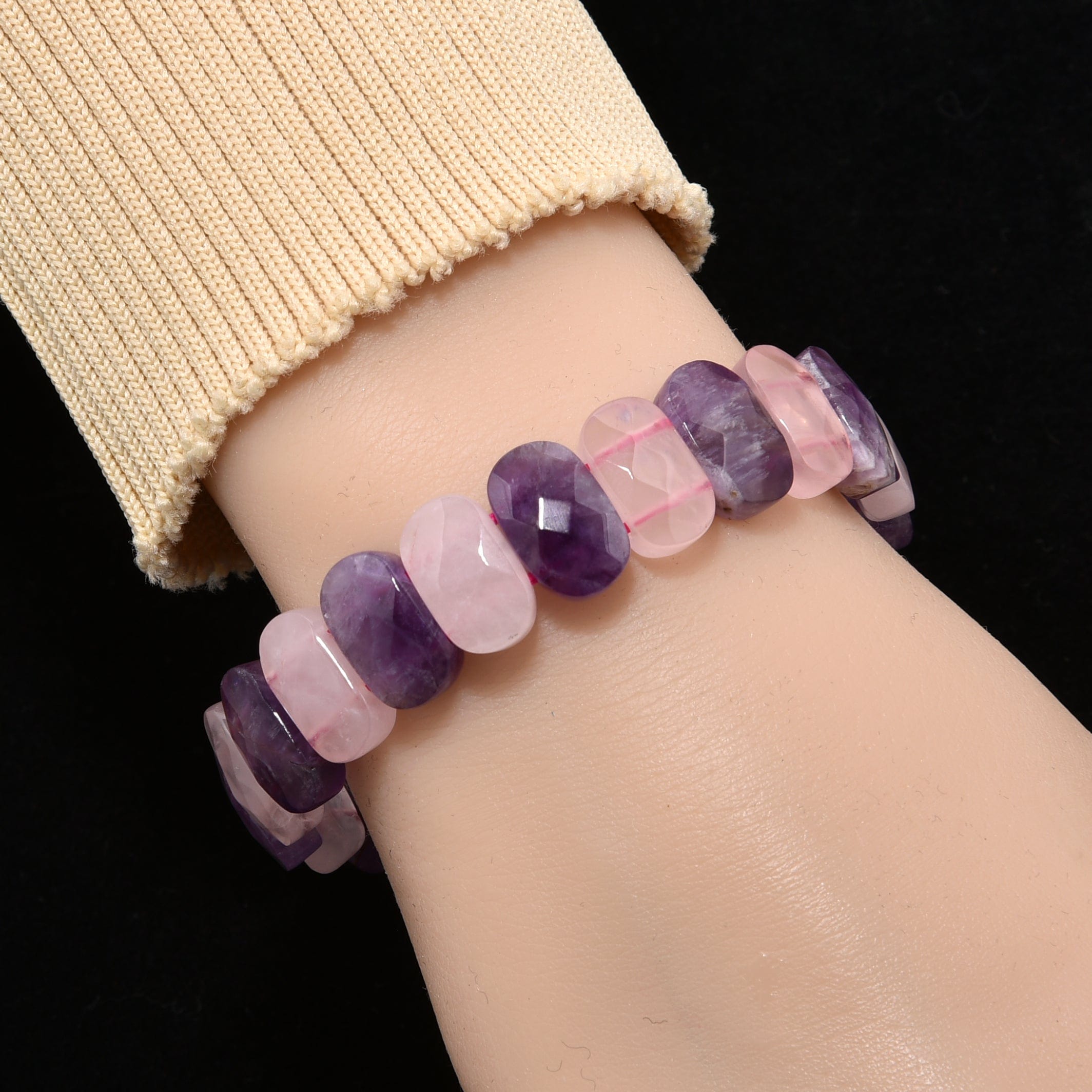 Kalifano Gemstone Bracelets Amethyst and Rose Quartz 14mm Gemstone Bead Elastic Bracelet GOLD-BGP-095