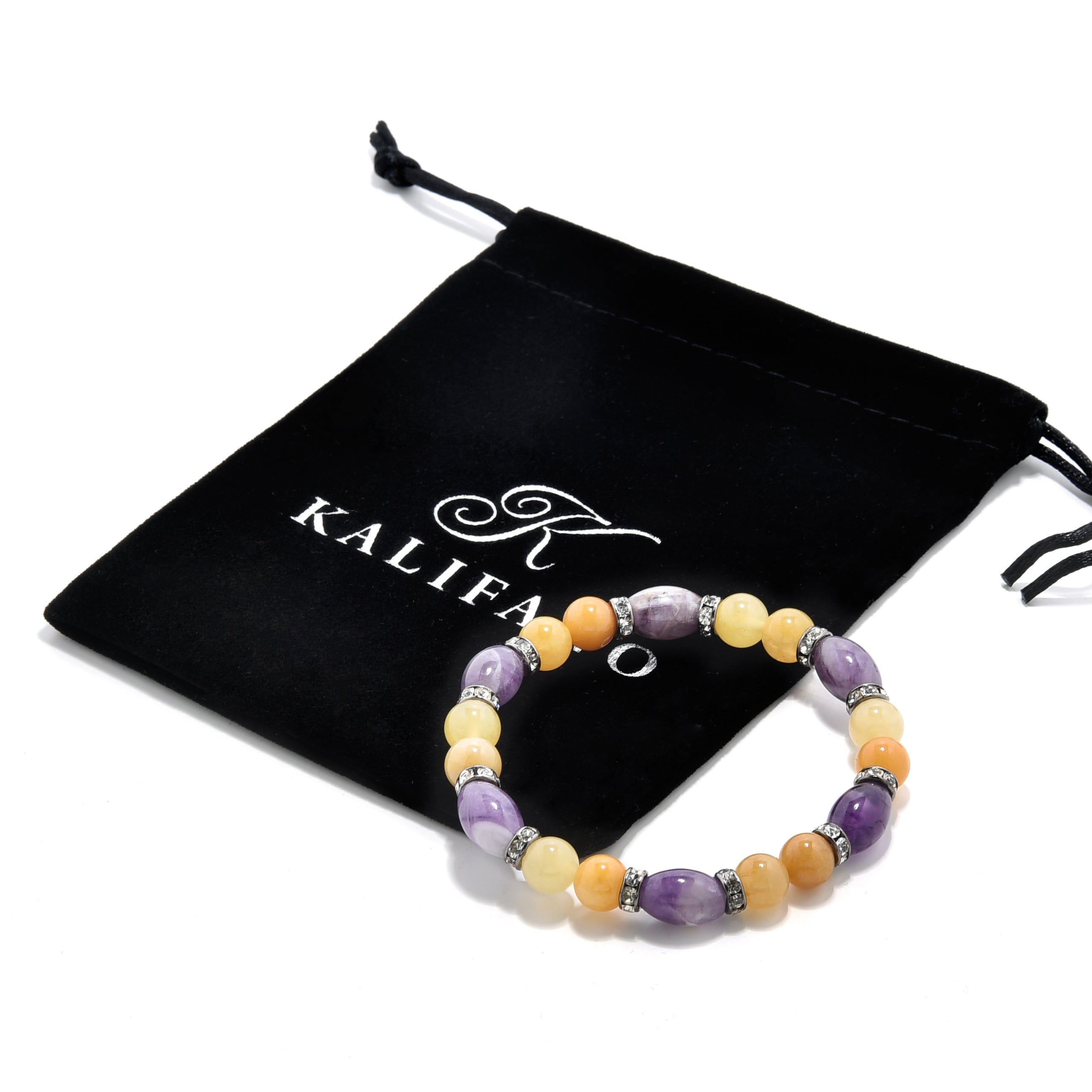 Kalifano Gemstone Bracelets Amethyst and Yellow Jade with Crystal Accent 8mm Beads Gemstone Elastic Bracelet BLUE-BGP-062