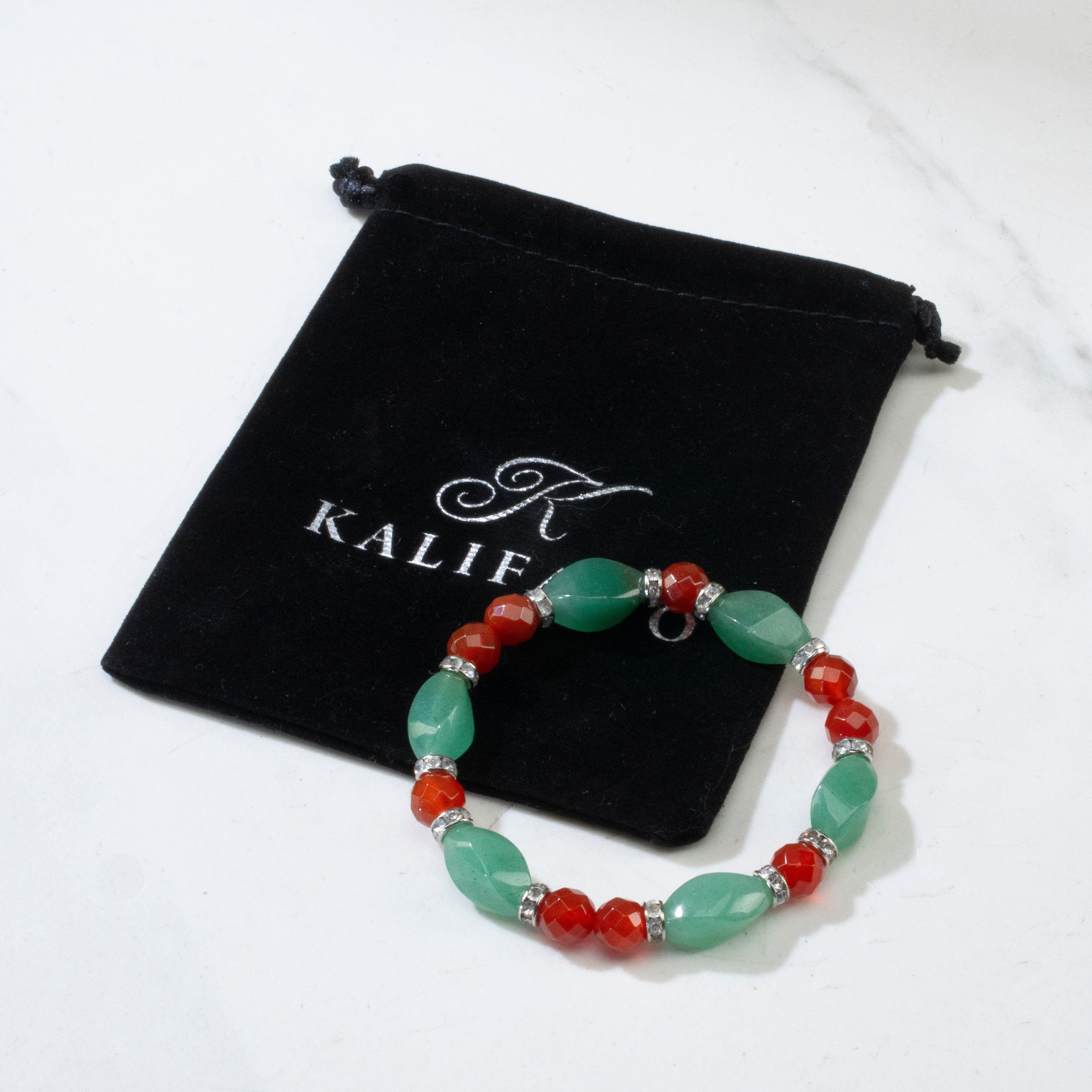 Kalifano Gemstone Bracelets Aventurine Twisted Bead and Round Faceted Carnelian with Crystal Accent Beads Gemstone Elastic Bracelet BLUE-BGP-004