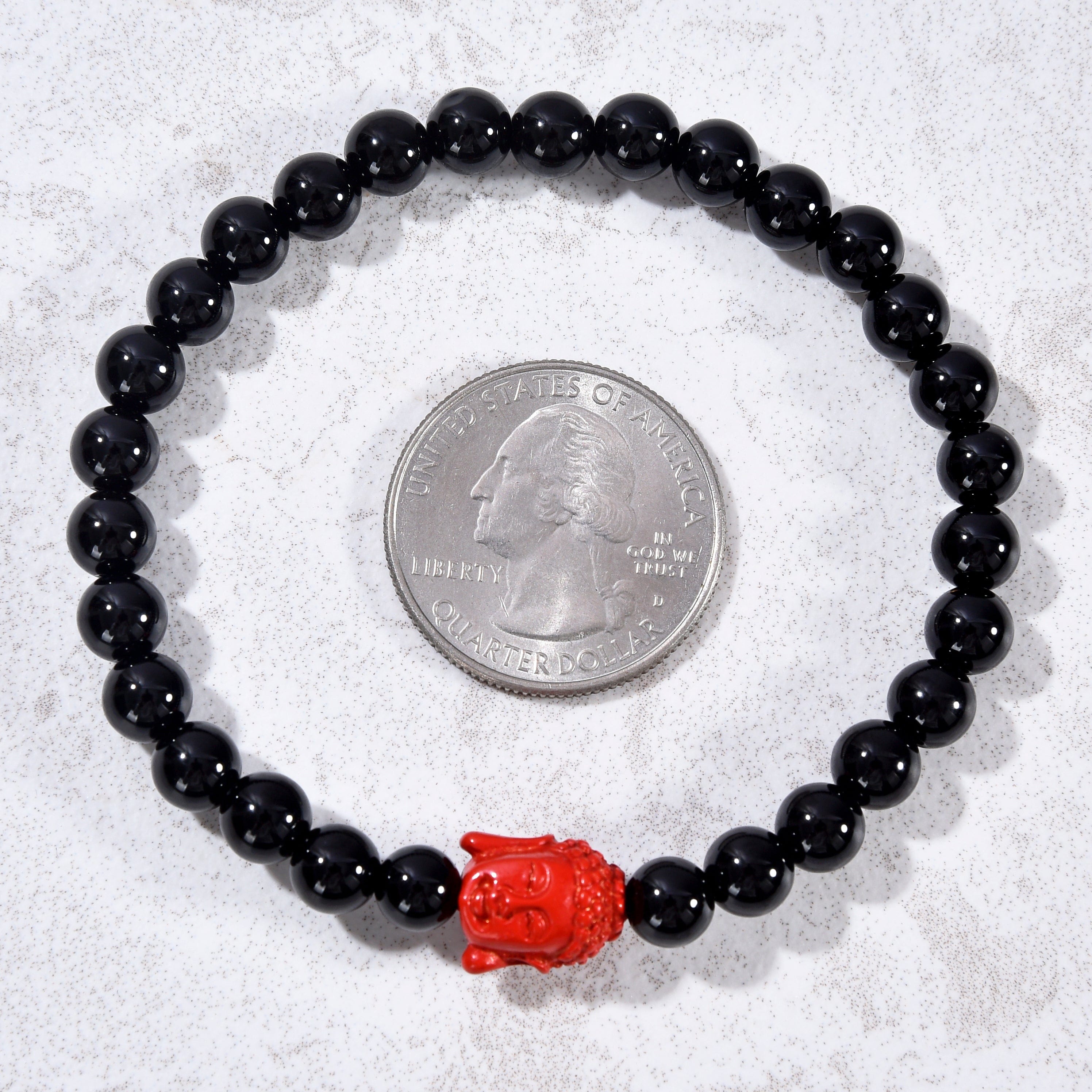 Kalifano Gemstone Bracelets Black Agate 6mm Elastic Gemstone Bracelet with Cinnabar Buddha