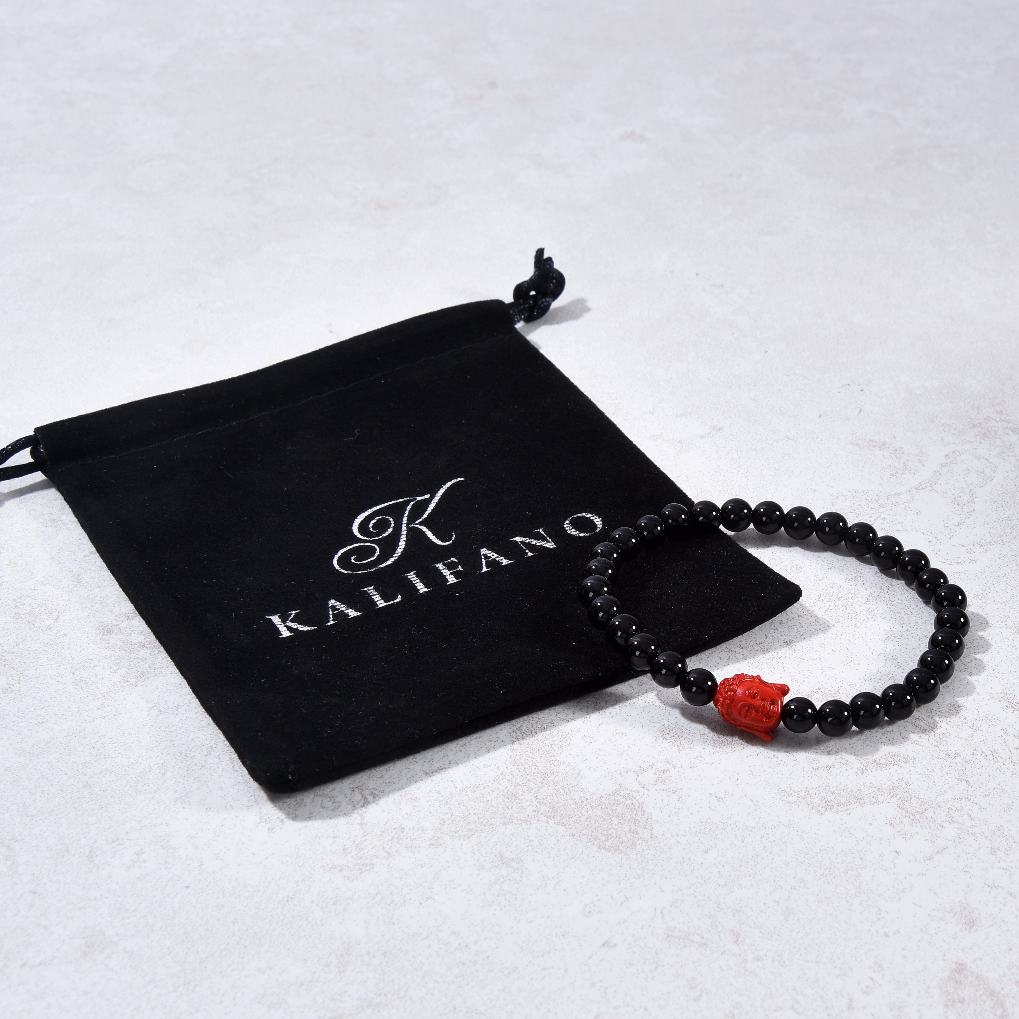 Kalifano Gemstone Bracelets Black Agate 6mm Elastic Gemstone Bracelet with Cinnabar Buddha