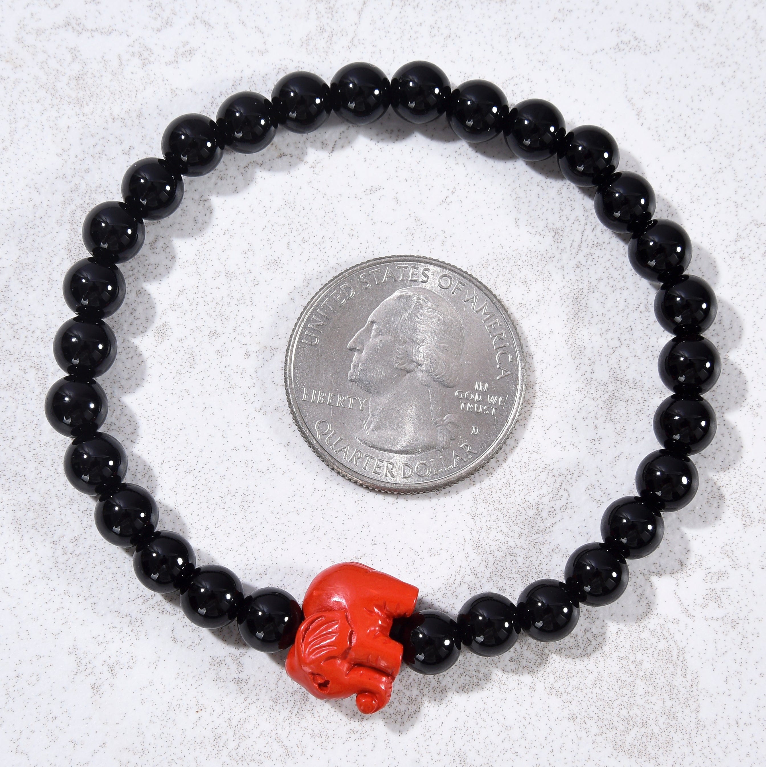 Kalifano Gemstone Bracelets Black Agate 6mm Elastic Gemstone Bracelet with Cinnabar Elephant
