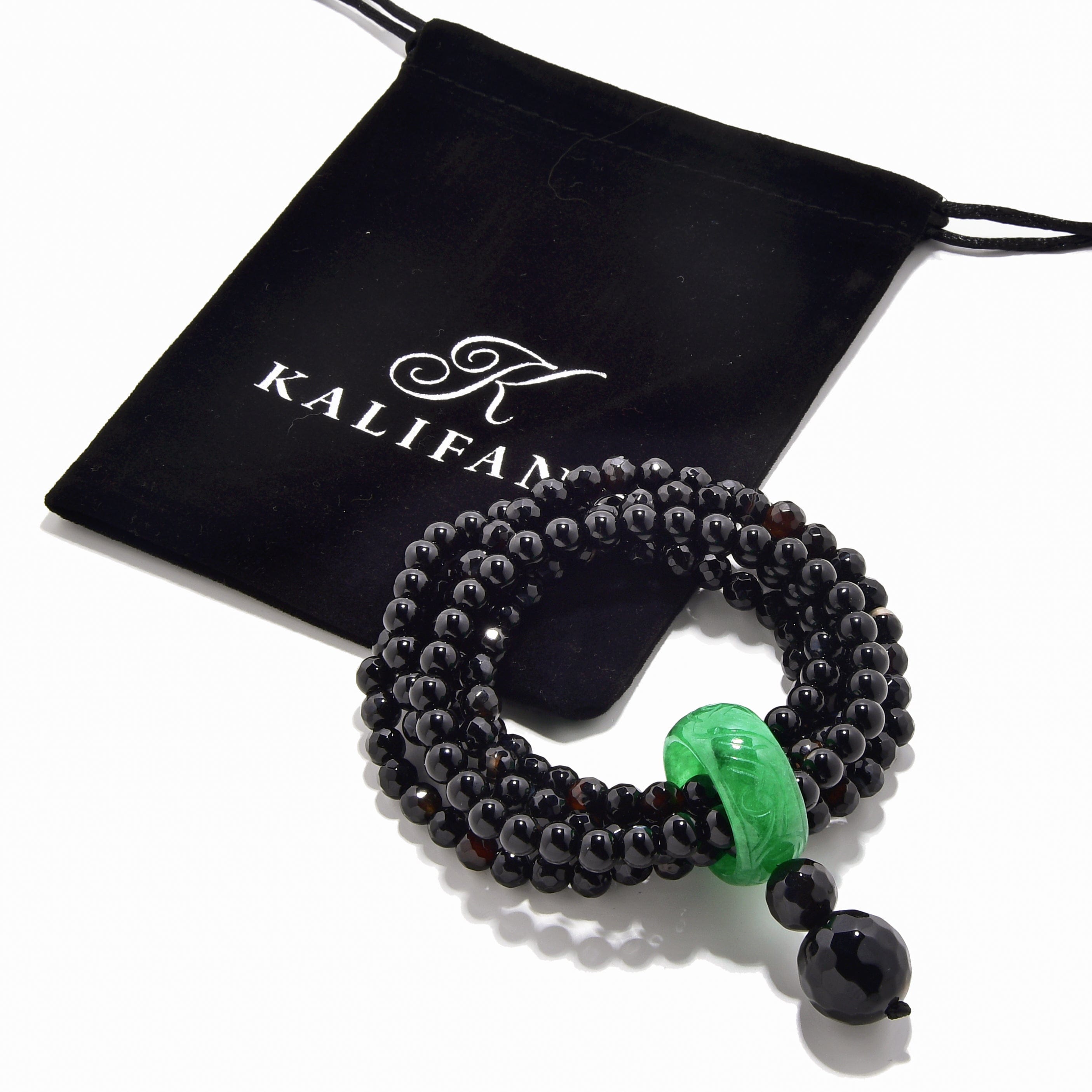 Kalifano Gemstone Bracelets Black Enhanced 6mm Agate with Jade Ring Gemstone Bead Elastic Bracelet PLAT-BGP-JRBK