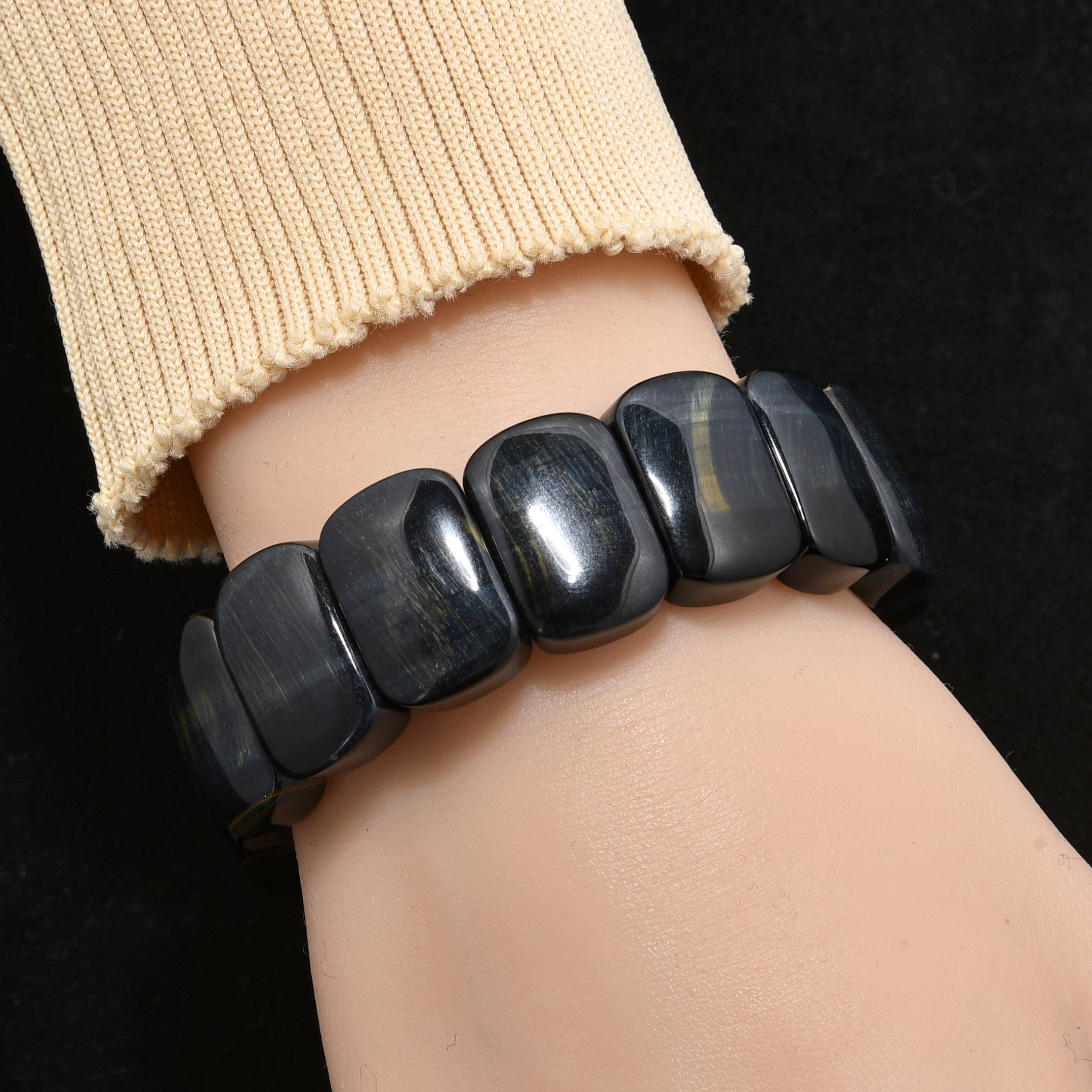Kalifano Gemstone Bracelets Blue Tiger Eye 20mm Beads Gemstone Elastic Bracelet BLACK-BGP-049