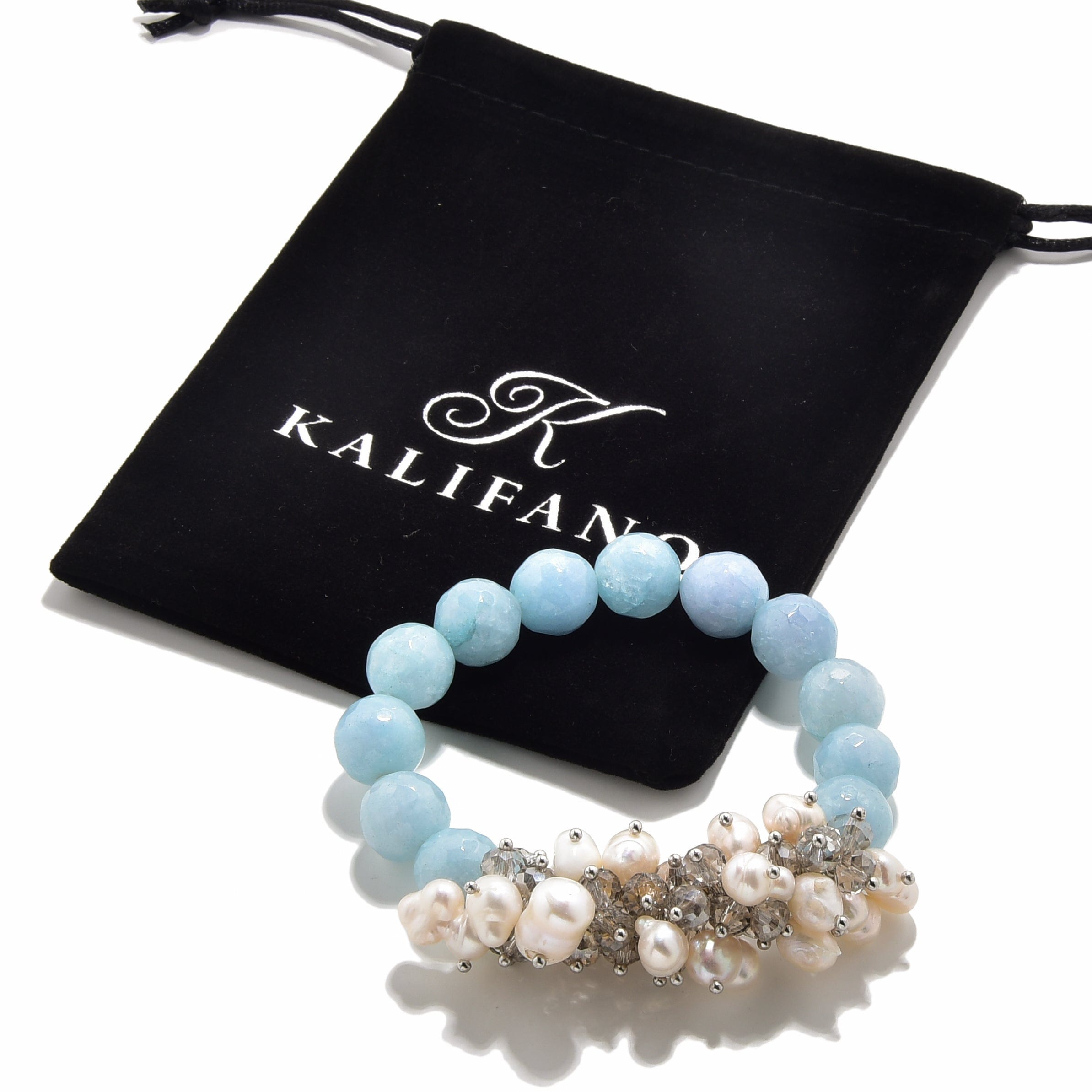 Kalifano Gemstone Bracelets Faceted Aqua Agate & Freshwater Pearls 12mm Gemstone Bead Elastic Bracelet GOLD-BGP-PAQ