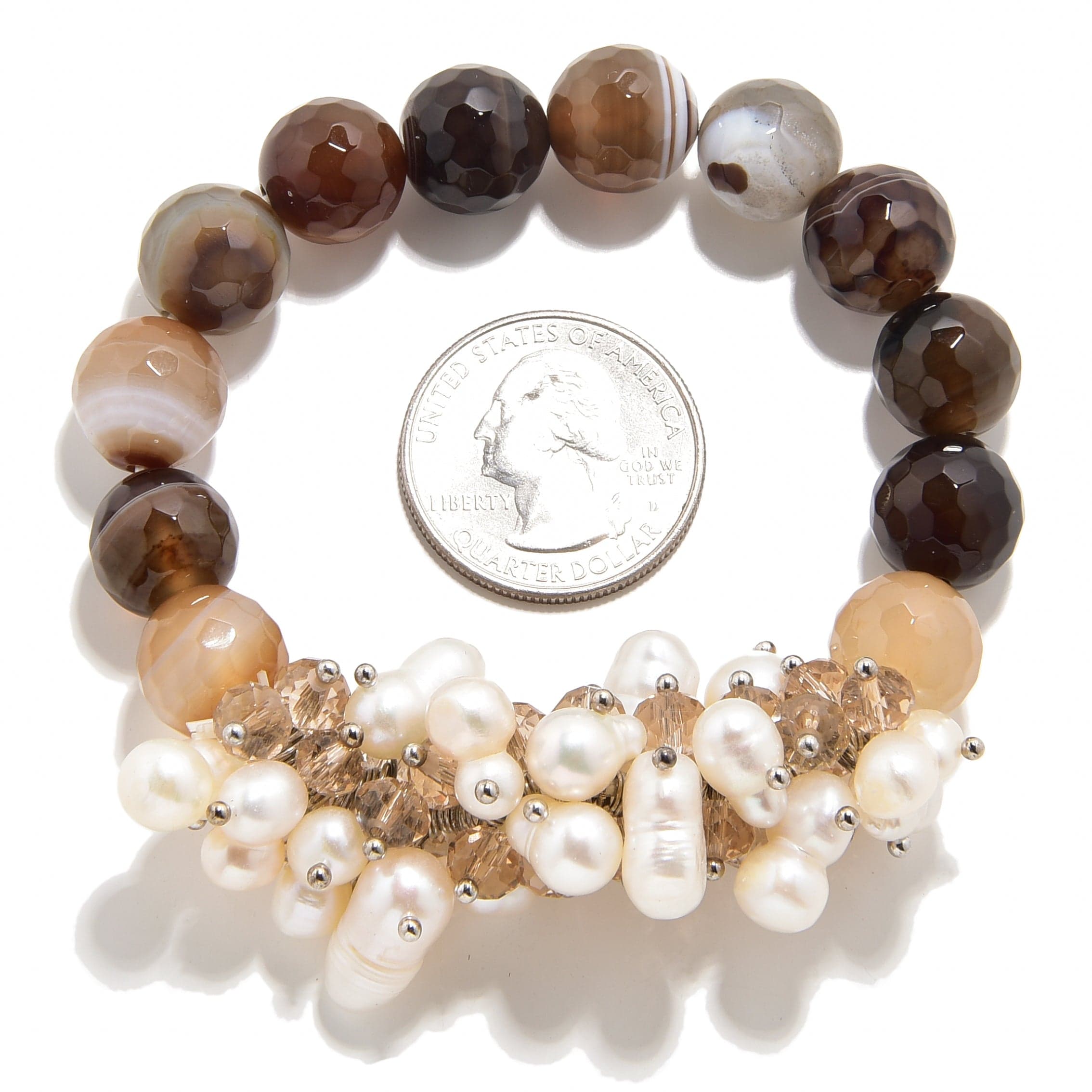 Kalifano Gemstone Bracelets Faceted Coffee Agate & Freshwater Pearls 12mm Gemstone Bead Elastic Bracelet GOLD-BGP-PCE