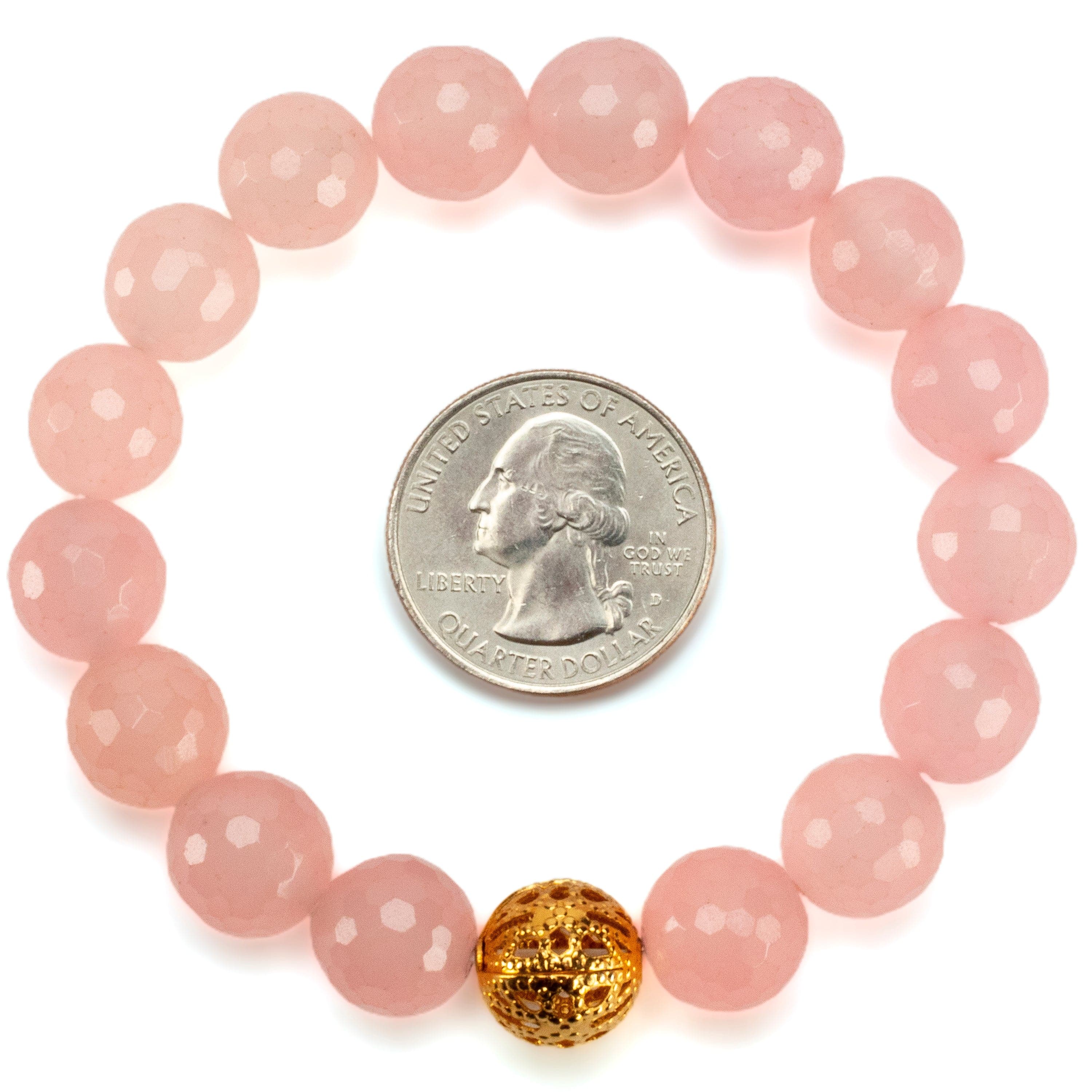 Kalifano Gemstone Bracelets Faceted Rose Quartz 12mm Gemstone Bead Elastic Bracelet with Gold Accent Bead GOLD-BGP-087