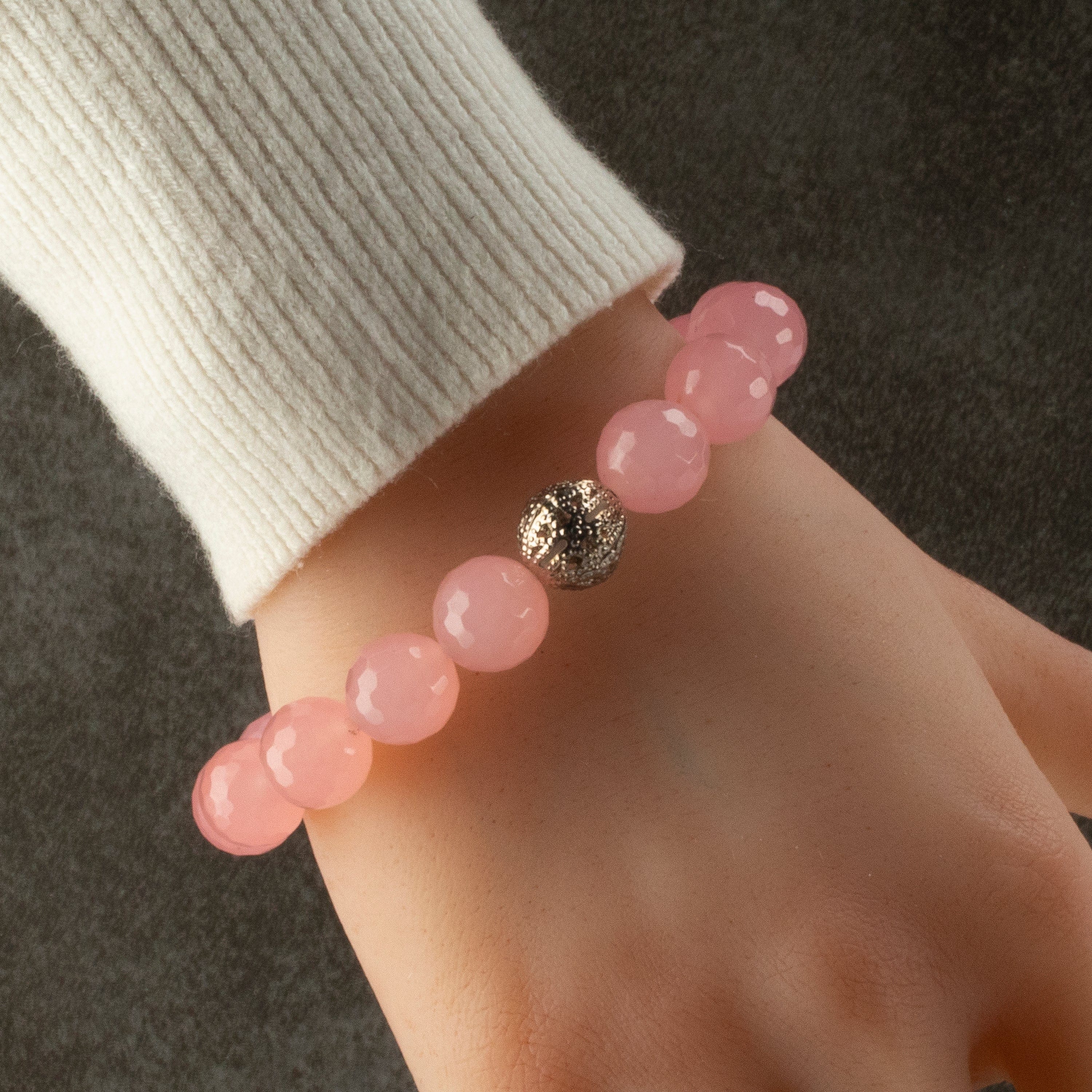 Kalifano Gemstone Bracelets Faceted Rose Quartz 12mm Gemstone Bead Elastic Bracelet with Silver Accent Bead GOLD-BGP-088