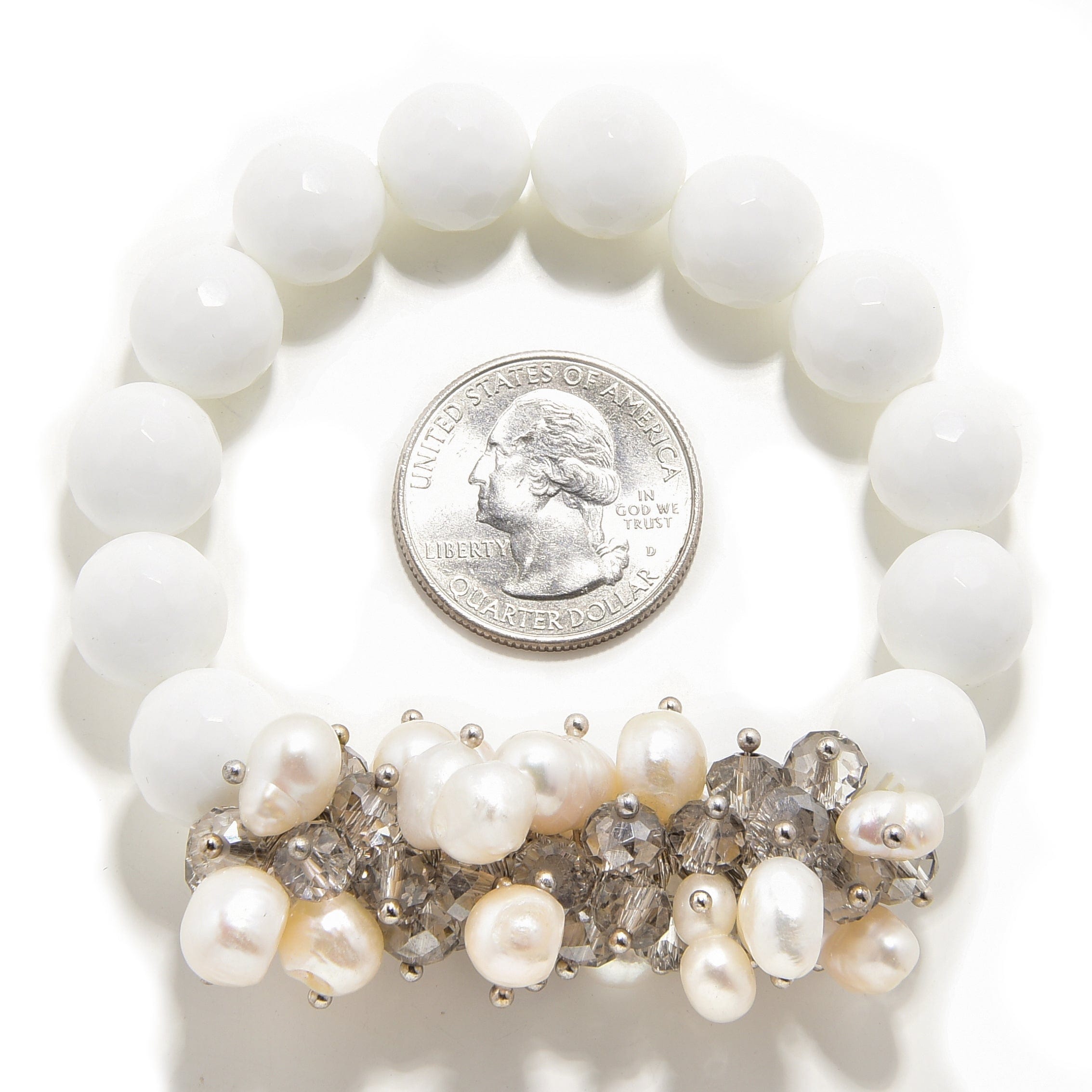 Kalifano Gemstone Bracelets Faceted White Ceramics & Freshwater Pearls 12mm Gemstone Bead Elastic Bracelet GOLD-BGP-PWE