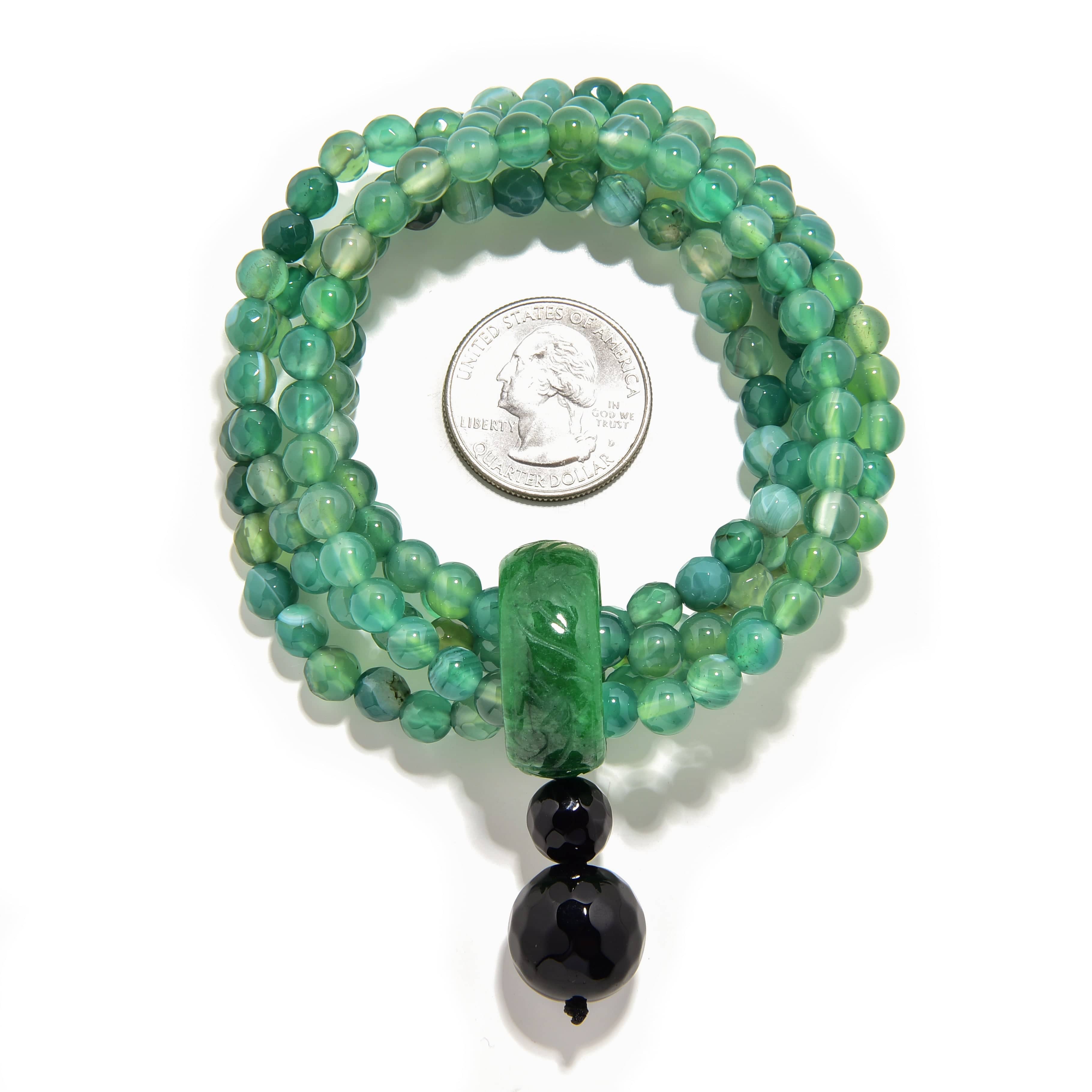Kalifano Gemstone Bracelets Green Agate 6mm Beads with Jade Ring Gemstone Elastic Bracelet PLAT-BGP-JRGN