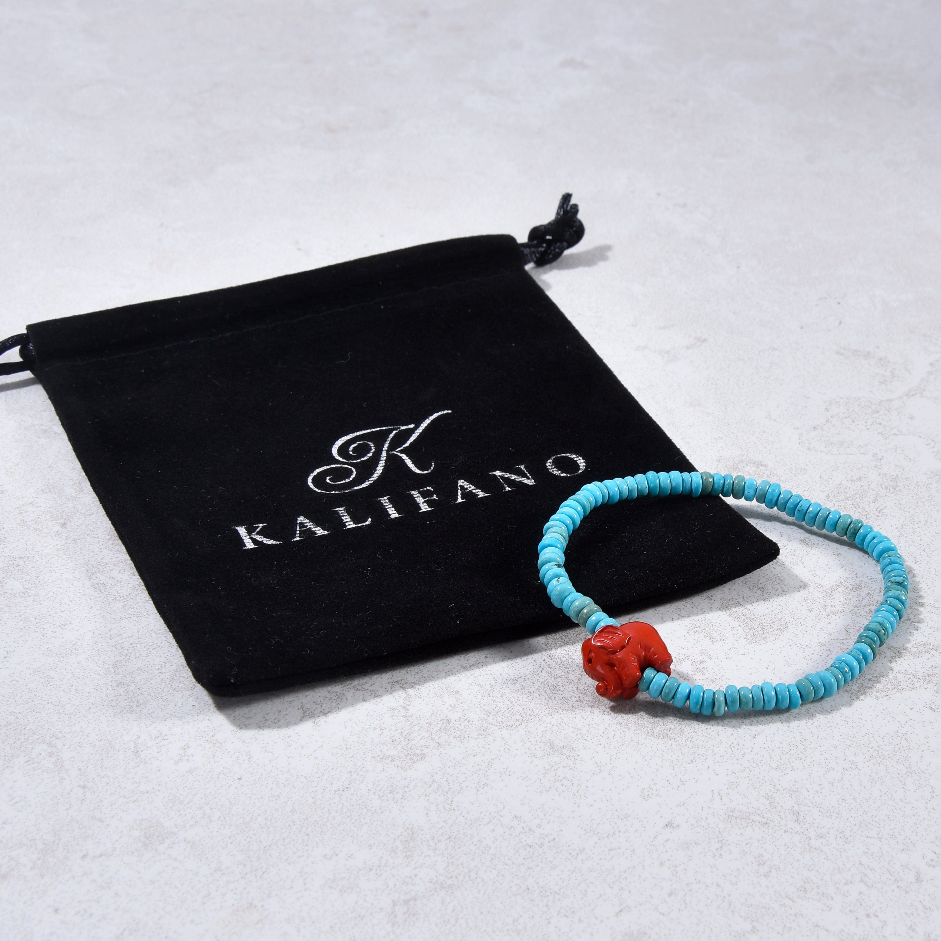 Kalifano Gemstone Bracelets Howlite Turquoise 2x4mm Elastic Gemstone Bracelet with Cinnabar Elephant