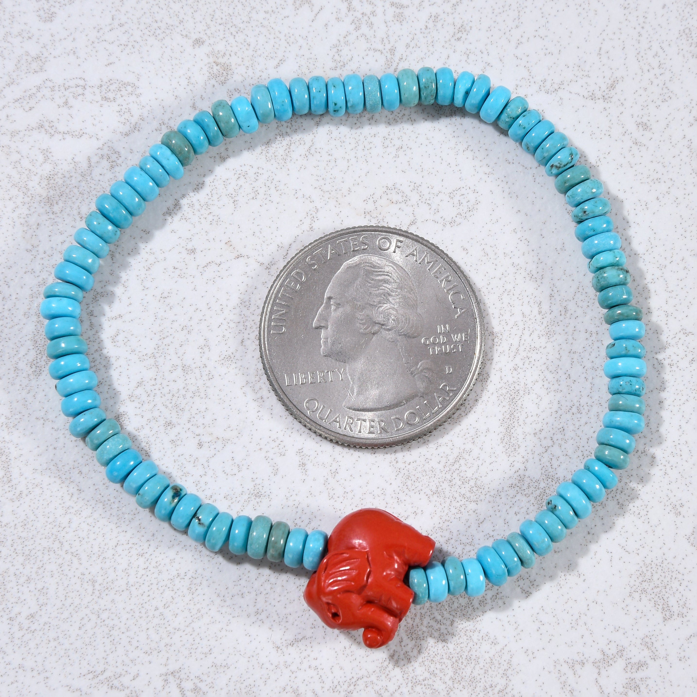 Kalifano Gemstone Bracelets Howlite Turquoise 2x4mm Elastic Gemstone Bracelet with Cinnabar Elephant