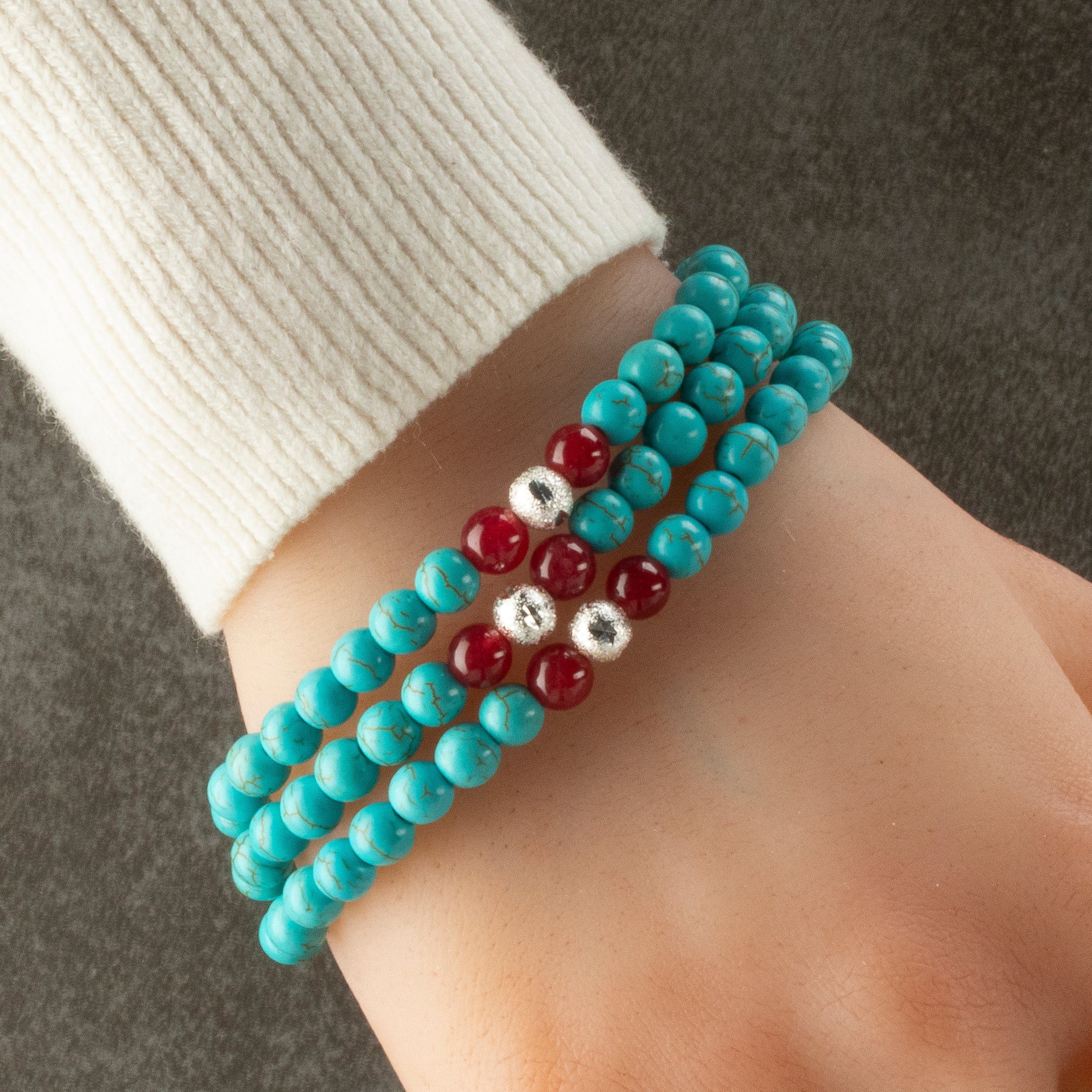 Kalifano Gemstone Bracelets Howlite Turquoise 6mm Beads with Red Agate & Silver Sparkly Accent Beads Triple Wrap Gemstone Elastic Bracelet WHITE-BGI3-088