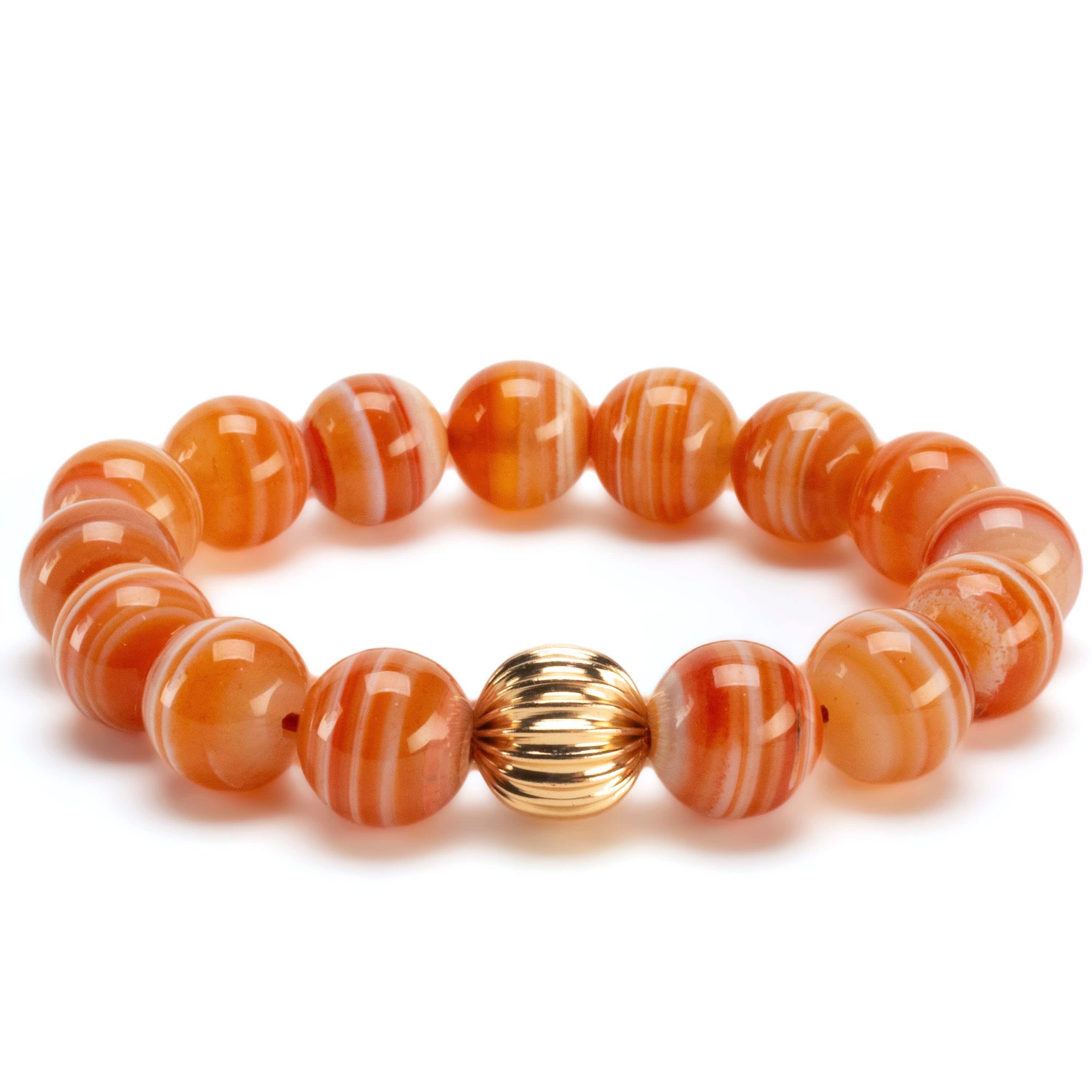 Kalifano Gemstone Bracelets Polished Banded Carnelian 12mm Gemstone Bead Elastic Bracelet with Gold Accent Bead GOLD-BGP-069