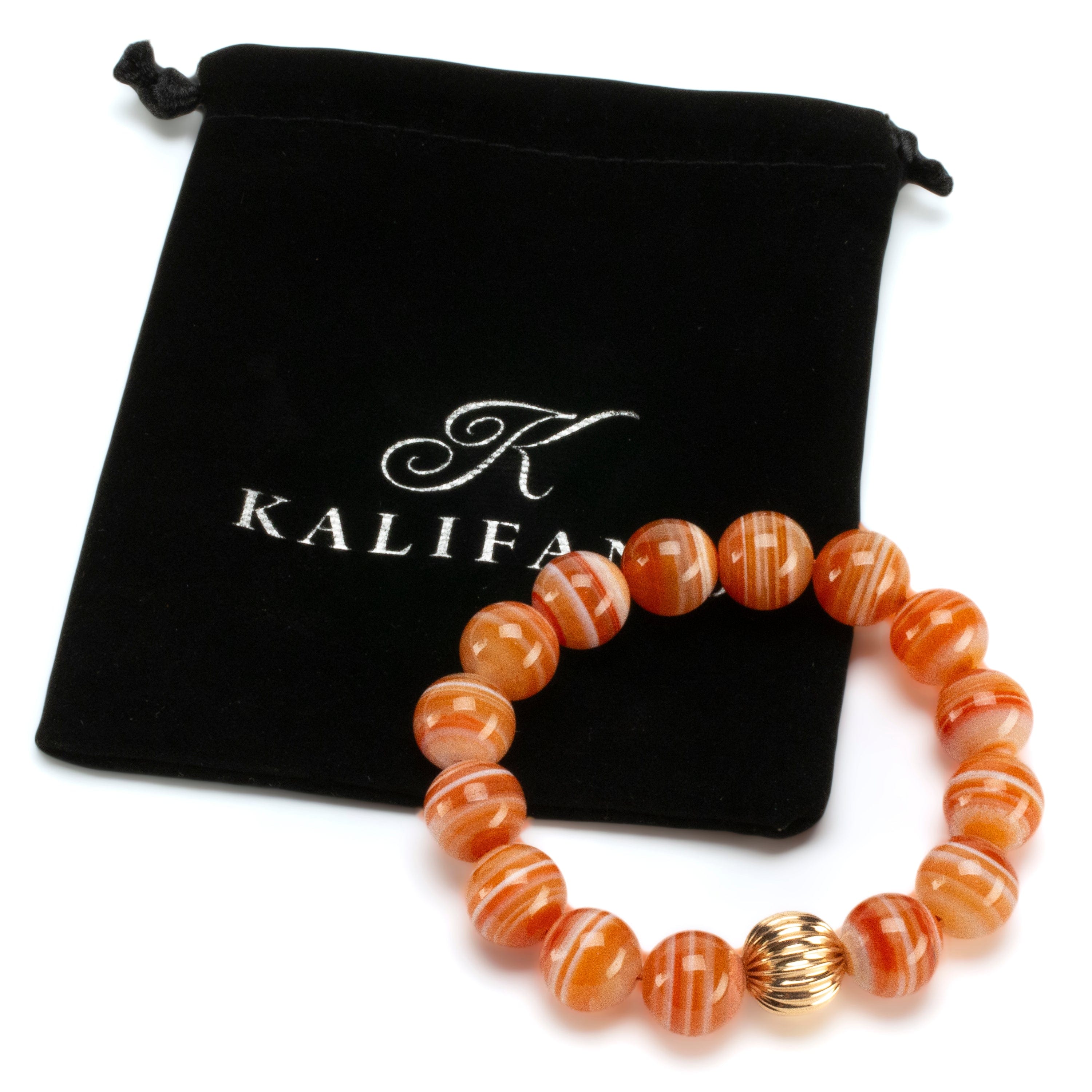 Kalifano Gemstone Bracelets Polished Banded Carnelian 12mm Gemstone Bead Elastic Bracelet with Gold Accent Bead GOLD-BGP-069