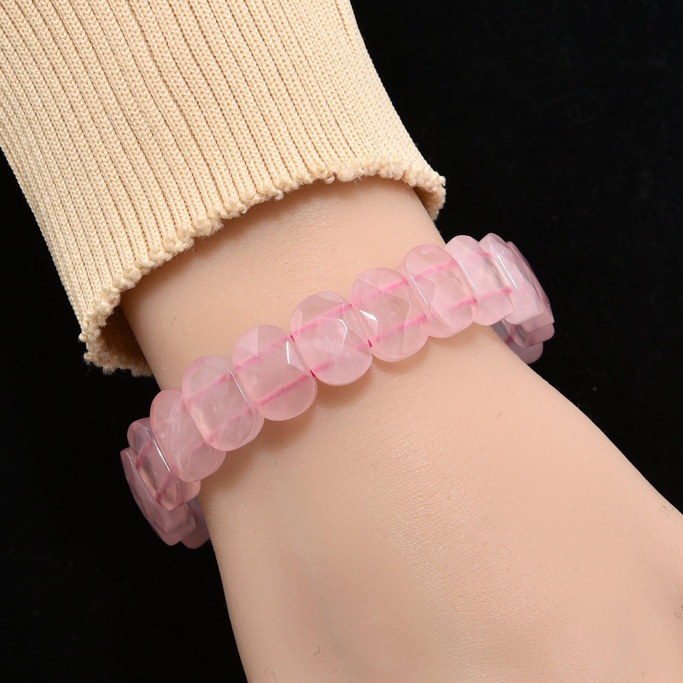 Kalifano Gemstone Bracelets Rose Quartz 15mm Gemstone Bead Elastic Bracelet GOLD-BGP-093