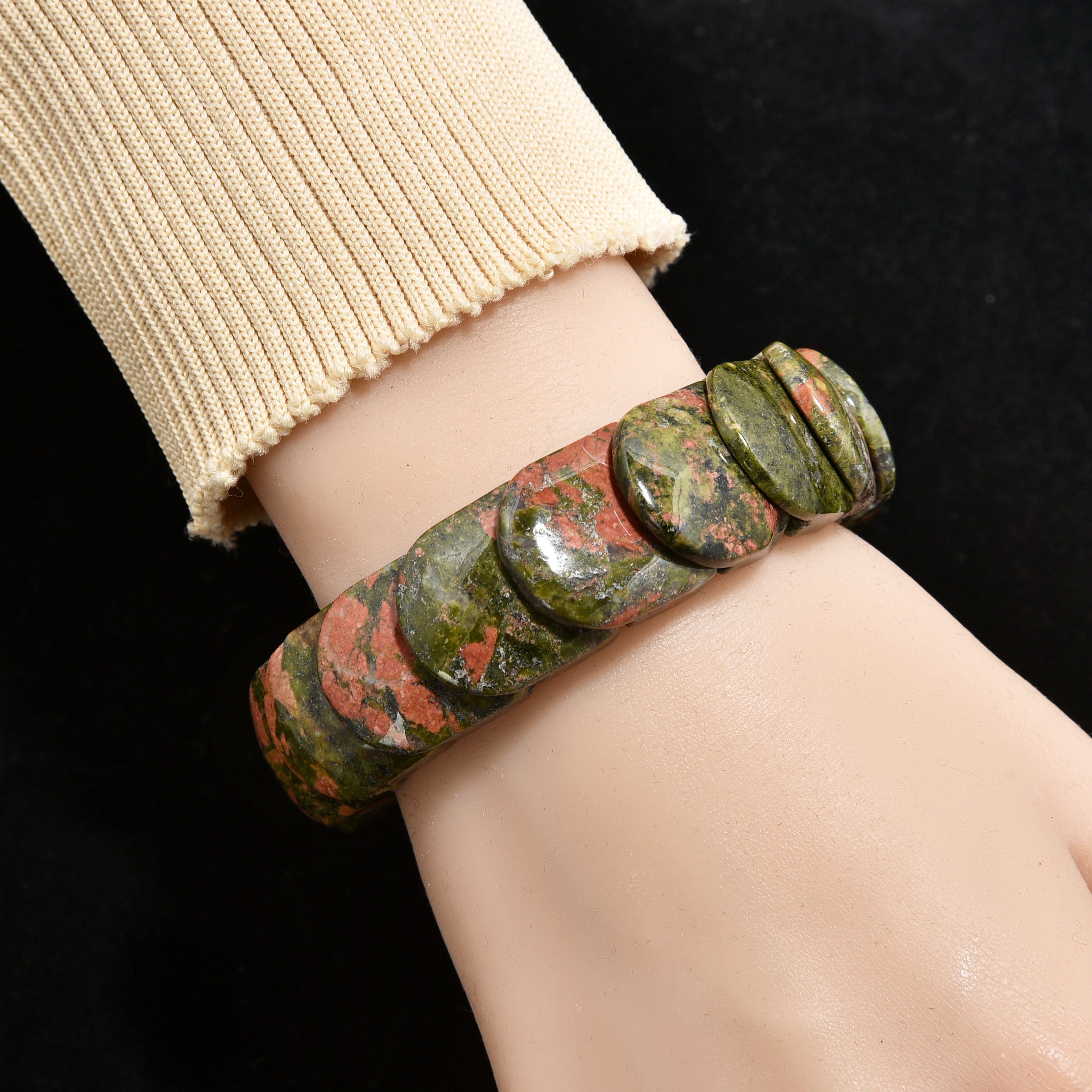 Kalifano Gemstone Bracelets Unakite 19 mm Gemstone Elastic Bracelet PLAT-BGP-049