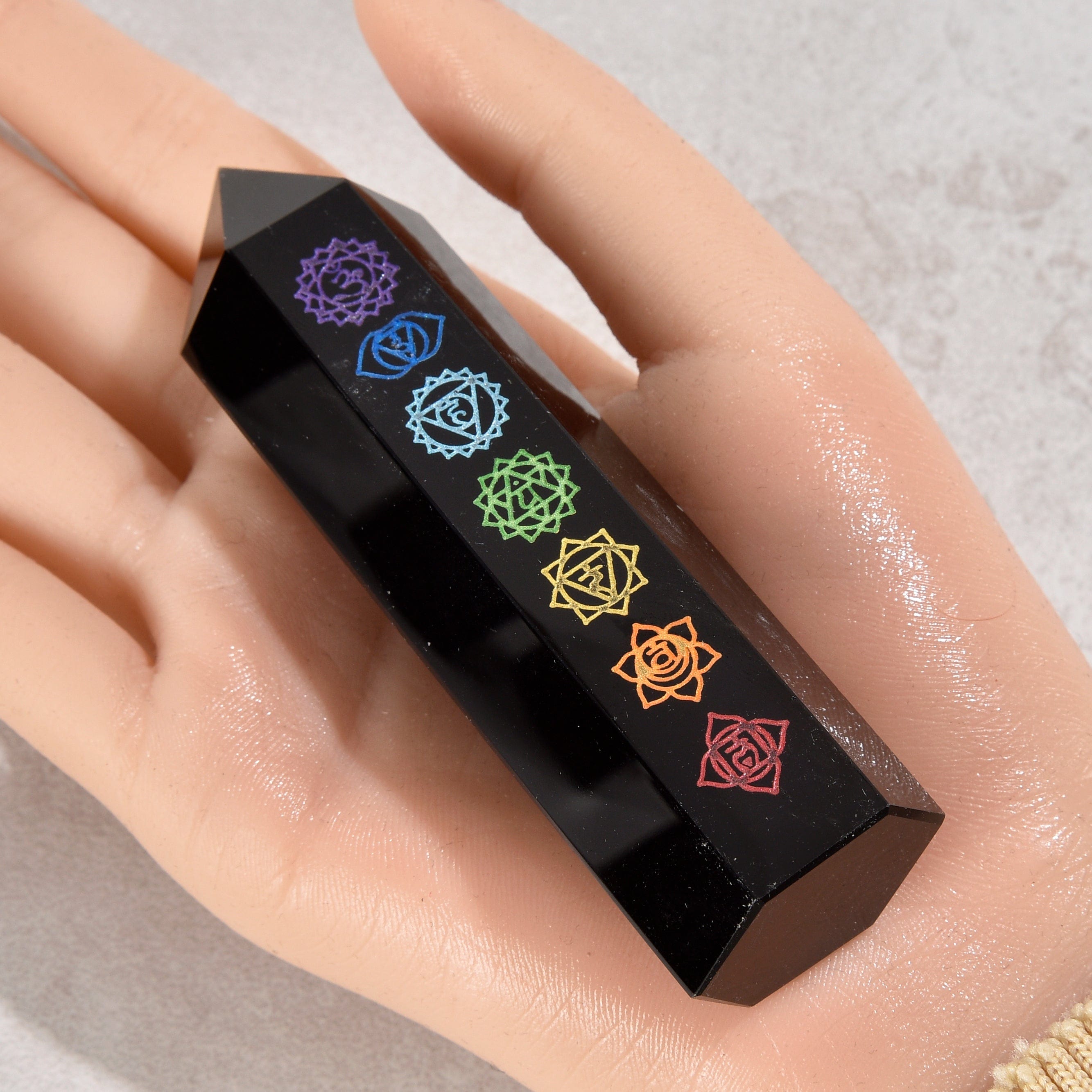 KALIFANO Gemstone Carvings 3.5" 7 Chakra Obsidian Obelisk Tower Gemstone Carving GOT810-COB