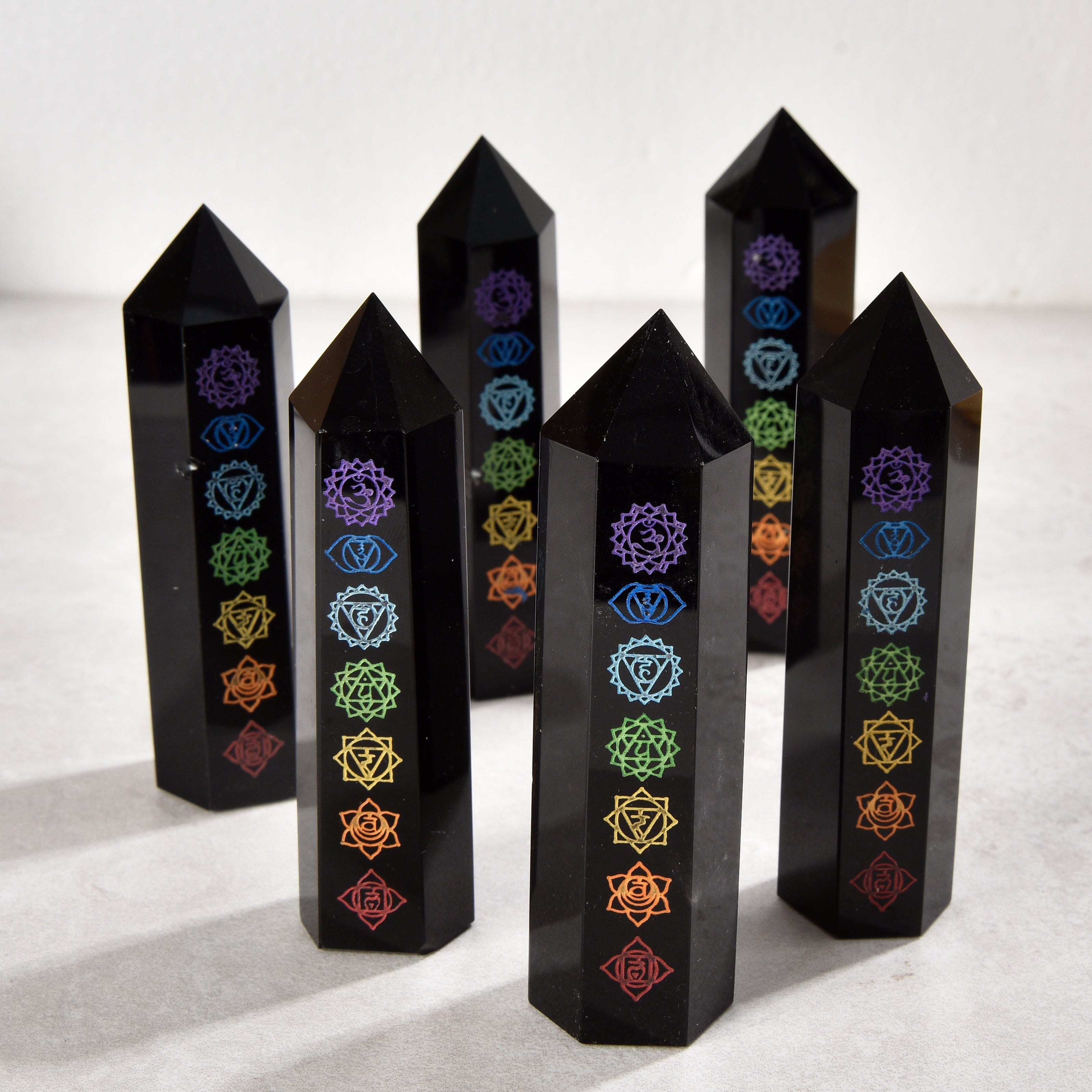 KALIFANO Gemstone Carvings 3.5" 7 Chakra Obsidian Obelisk Tower Gemstone Carving GOT810-COB