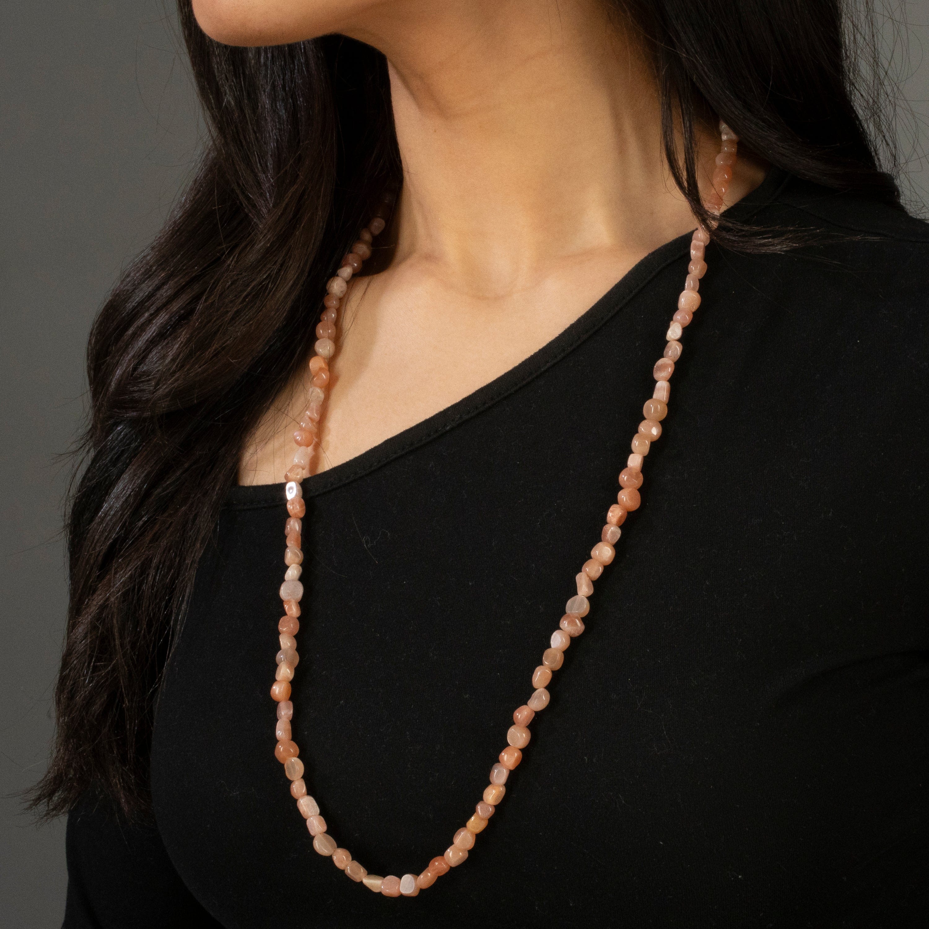 KALIFANO Gemstone Jewelry 8mm Peach Moonstone 30" Necklace / Multi wrap Bracelet N77-PM