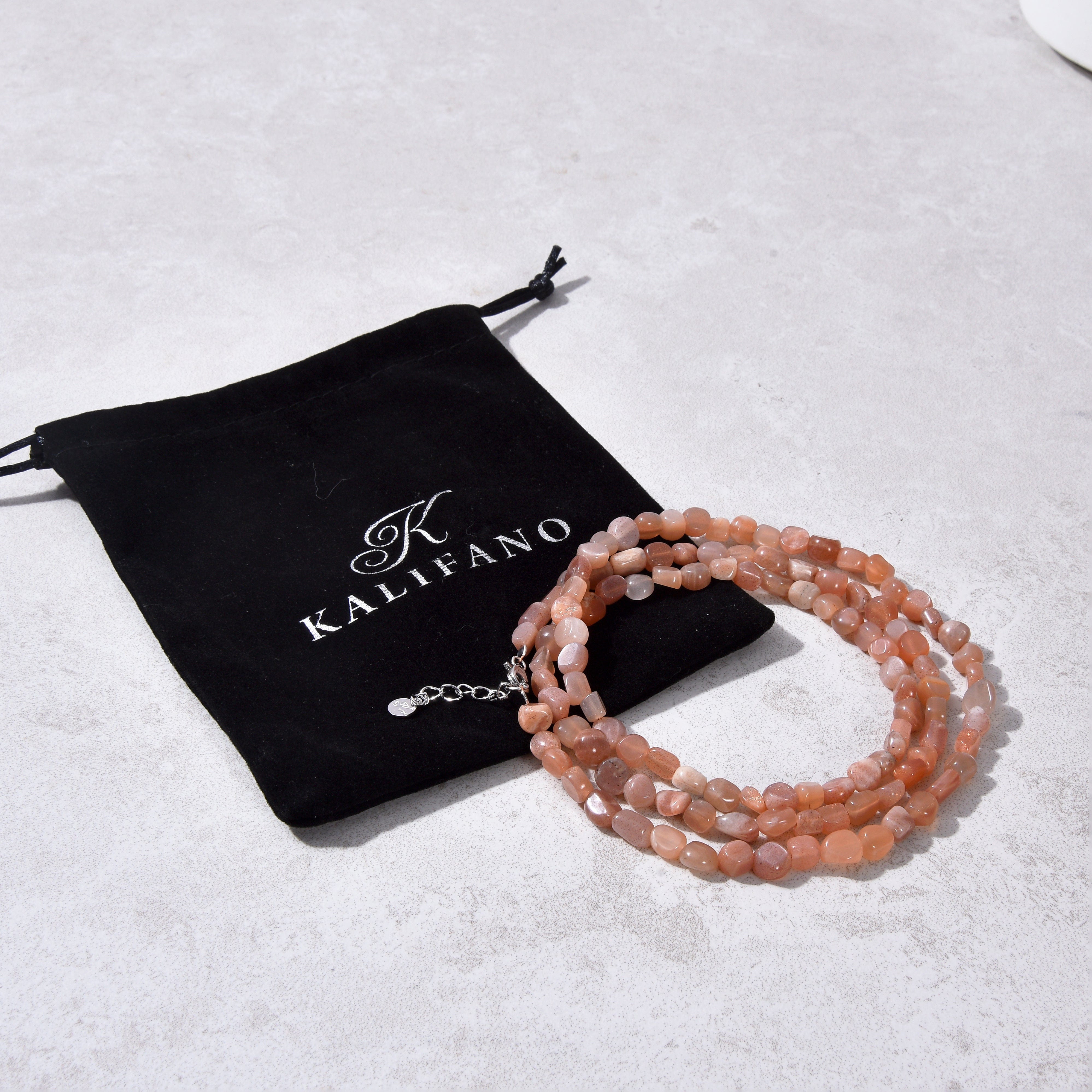 KALIFANO Gemstone Jewelry 8mm Peach Moonstone 30" Necklace / Multi wrap Bracelet N77-PM