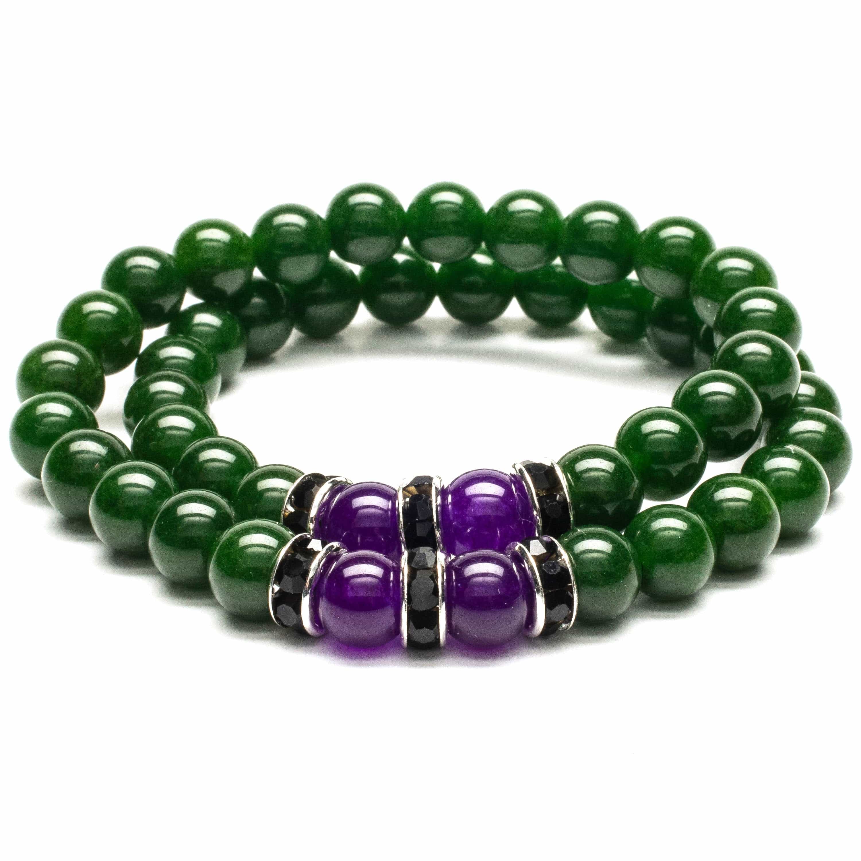 KALIFANO Gemstone Jewelry Aventurine 8mm Beads with Amethyst and Black and Silver Accent Beads Double Wrap Elastic Gemstone Bracelet WHITE-BGI2-035