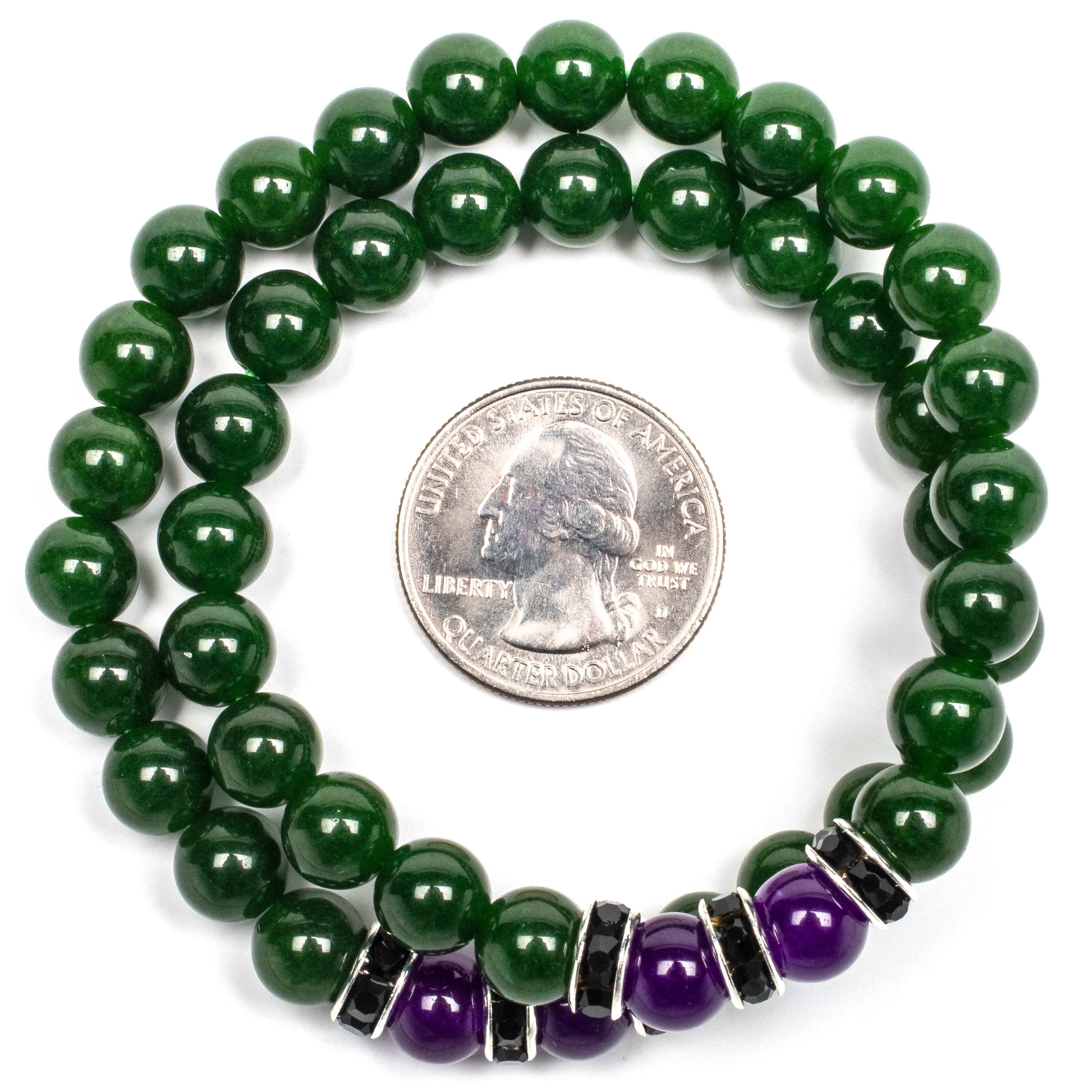 KALIFANO Gemstone Jewelry Aventurine 8mm Beads with Amethyst and Black and Silver Accent Beads Double Wrap Elastic Gemstone Bracelet WHITE-BGI2-035