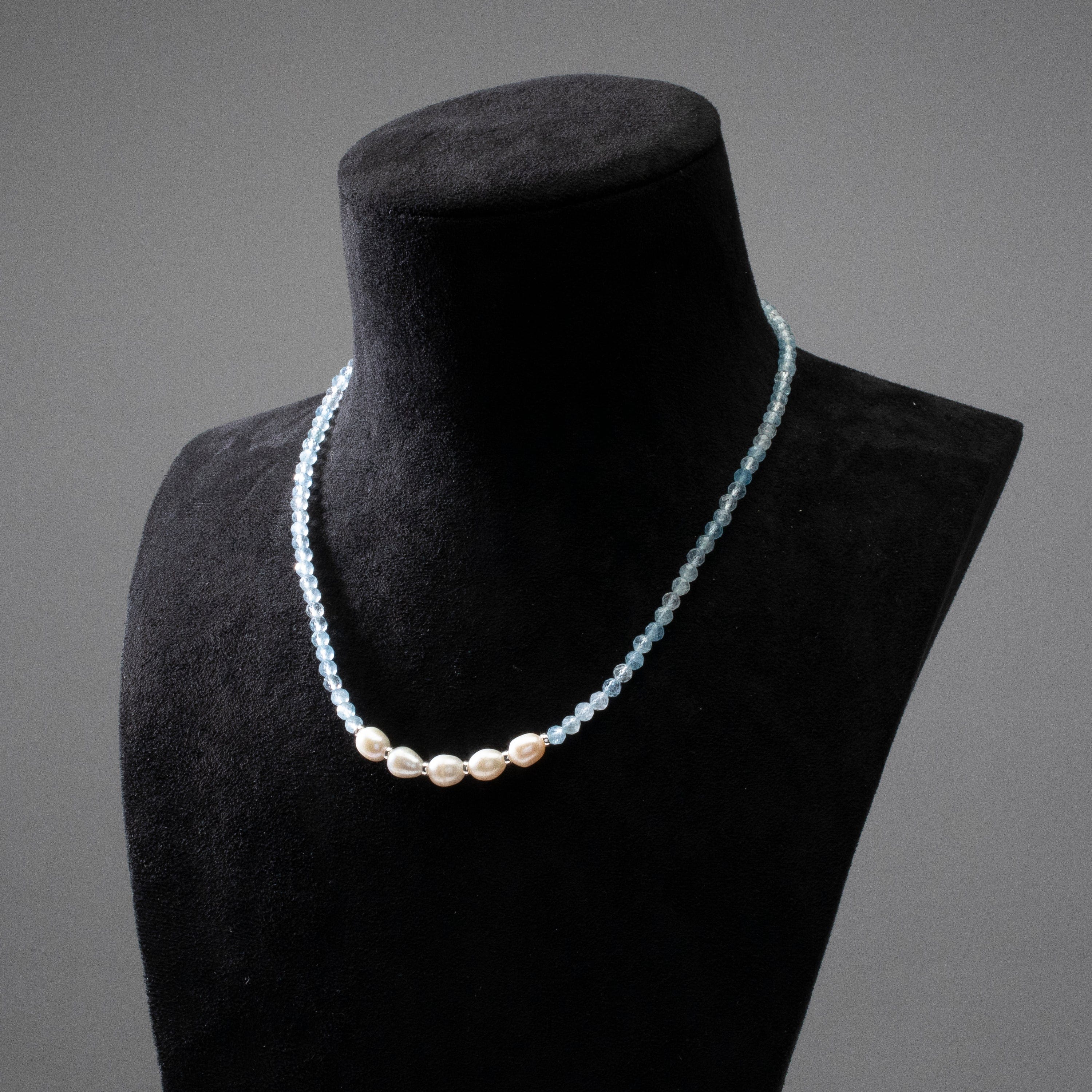 KALIFANO Jewelry 4mm Faceted Aquamarine Bead Necklace with 5 Pearls with 925 Silver Clasp 4MAQ