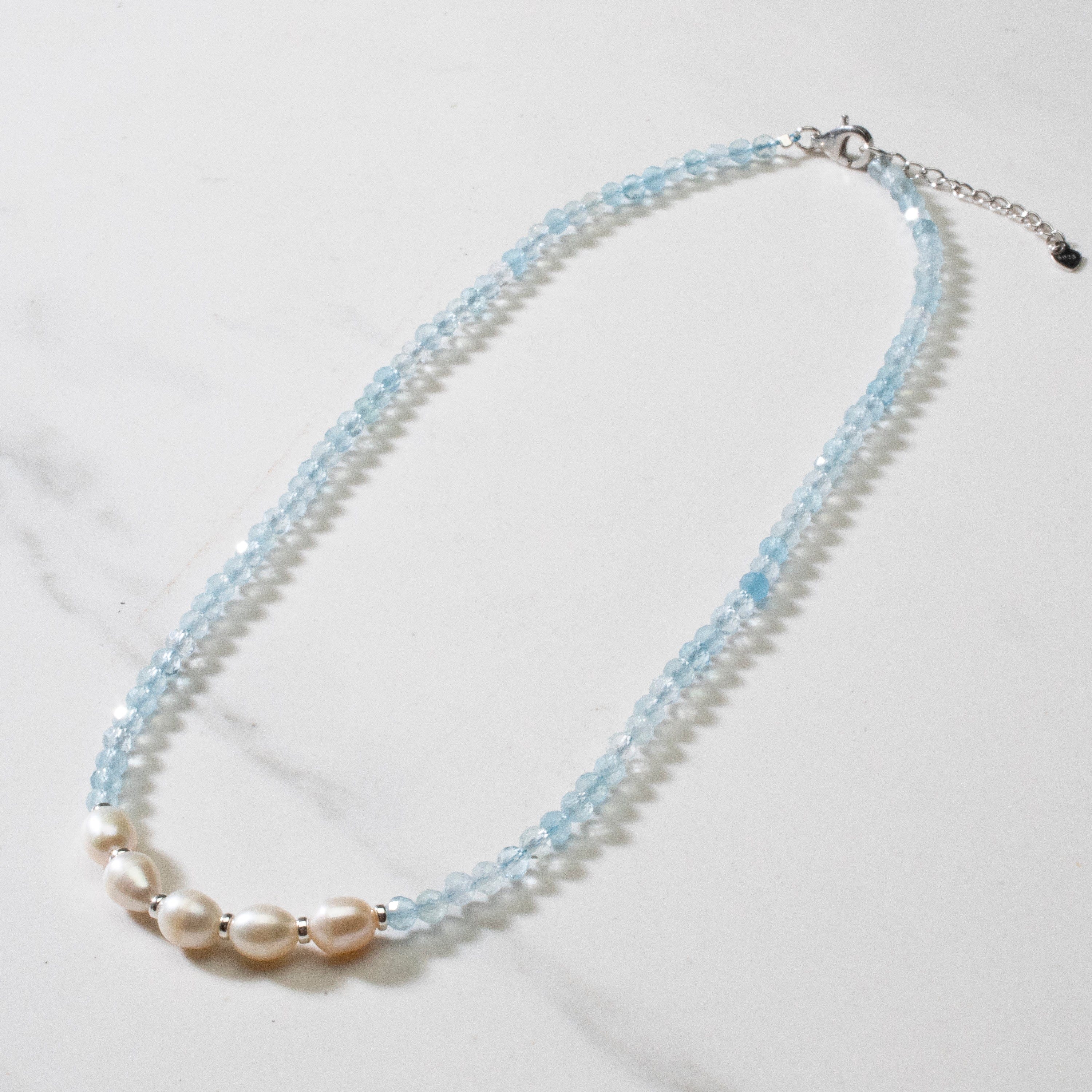 KALIFANO Jewelry 4mm Faceted Aquamarine Bead Necklace with 5 Pearls with 925 Silver Clasp 4MAQ