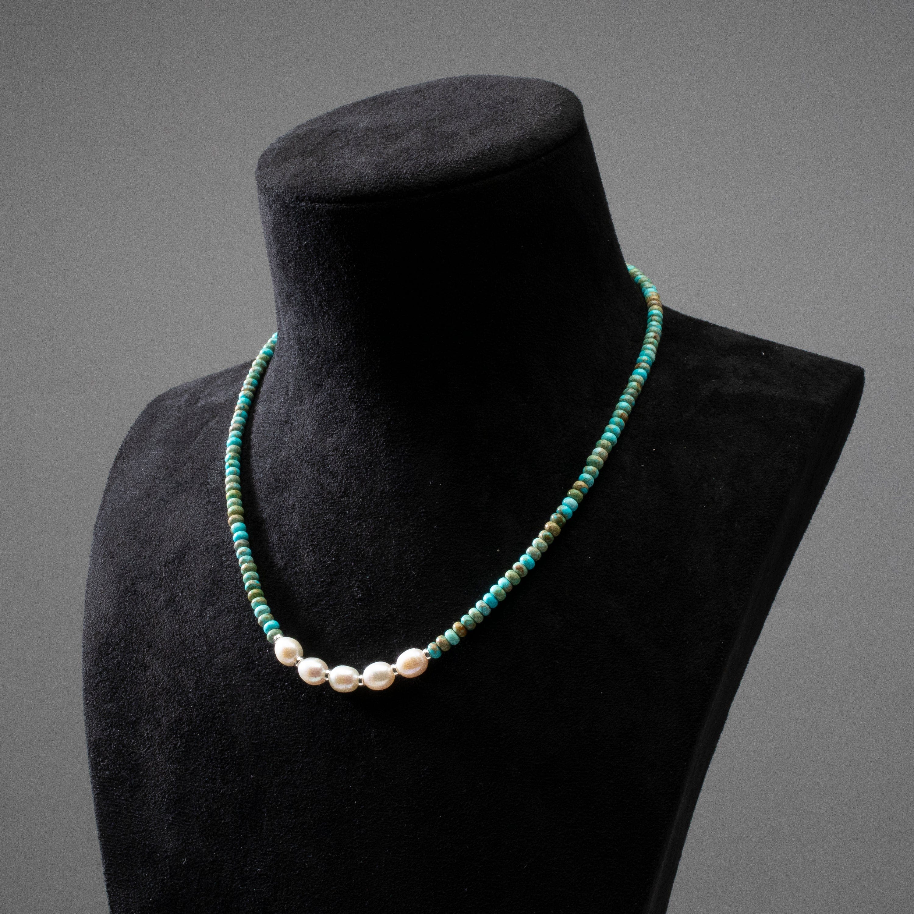 KALIFANO Jewelry 4mm Faceted King Howlite Turquoise Bead Necklace with 5 Pearls with 925 Silver Clasp 4MKT