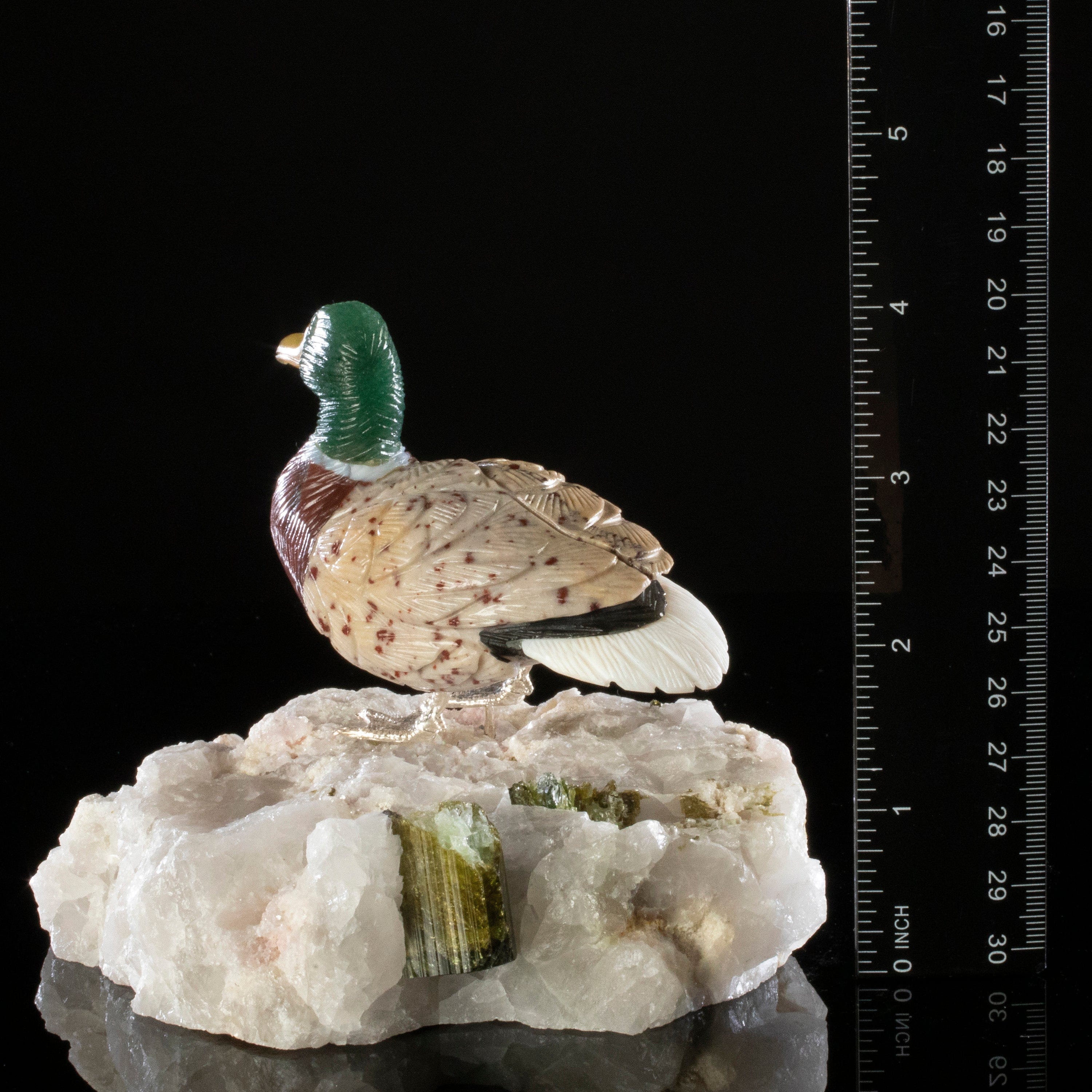 Kalifano Love Birds Carvings Aventurine & Tiger Eye & Leopardskin Duck Love Bird Carving on Watermelon Tourmaline Base LB.D107.002