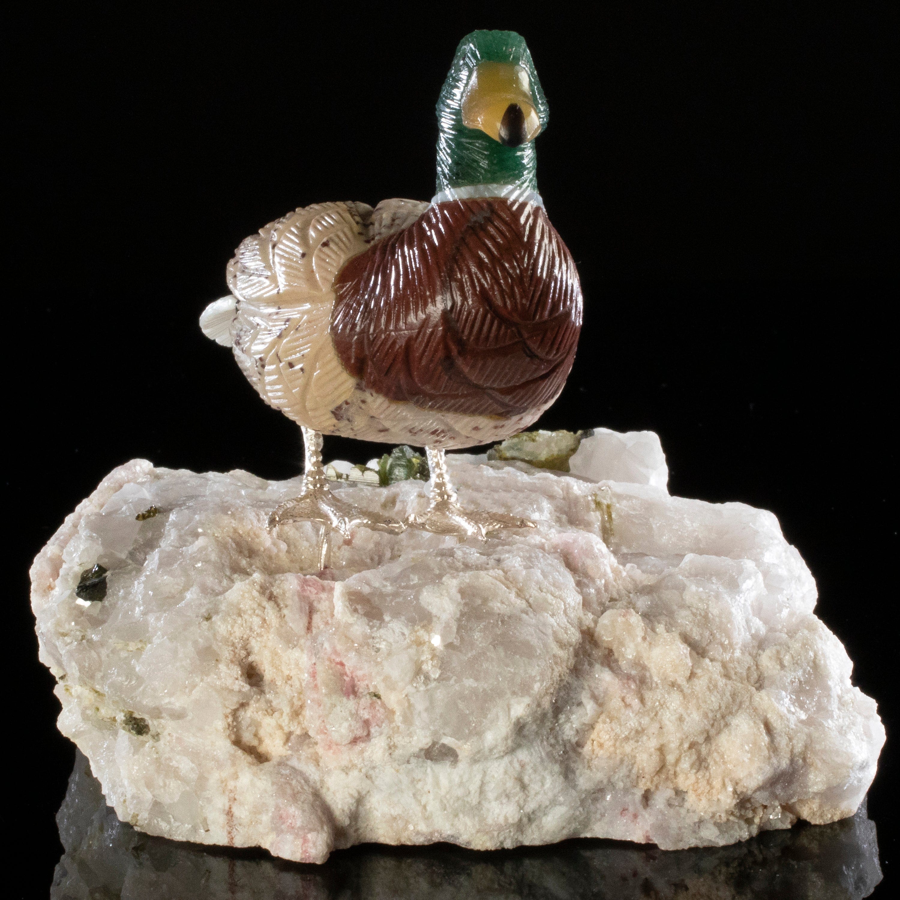 Kalifano Love Birds Carvings Aventurine & Tiger Eye & Leopardskin Duck Love Bird Carving on Watermelon Tourmaline Base LB.D107.002
