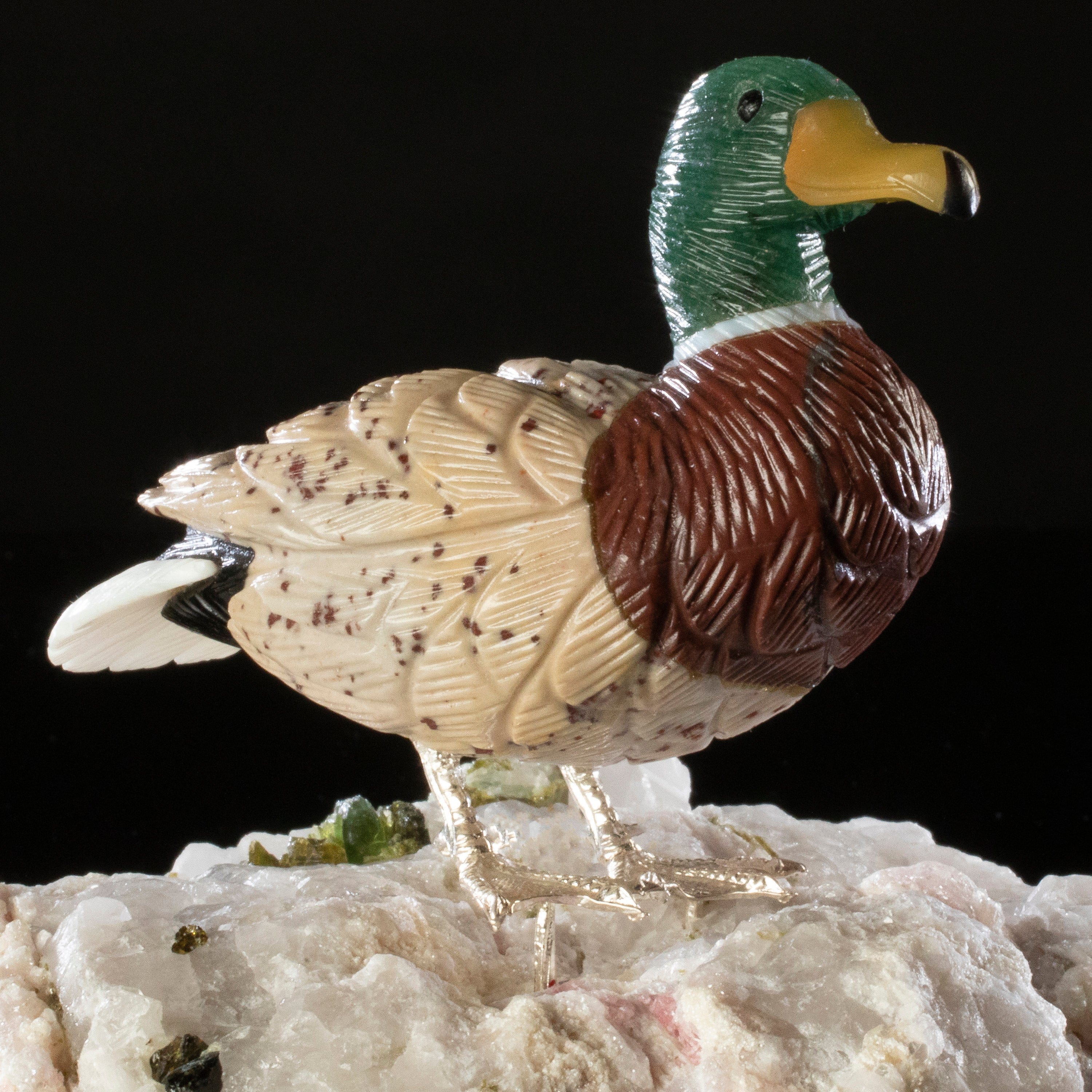 Kalifano Love Birds Carvings Aventurine & Tiger Eye & Leopardskin Duck Love Bird Carving on Watermelon Tourmaline Base LB.D107.002