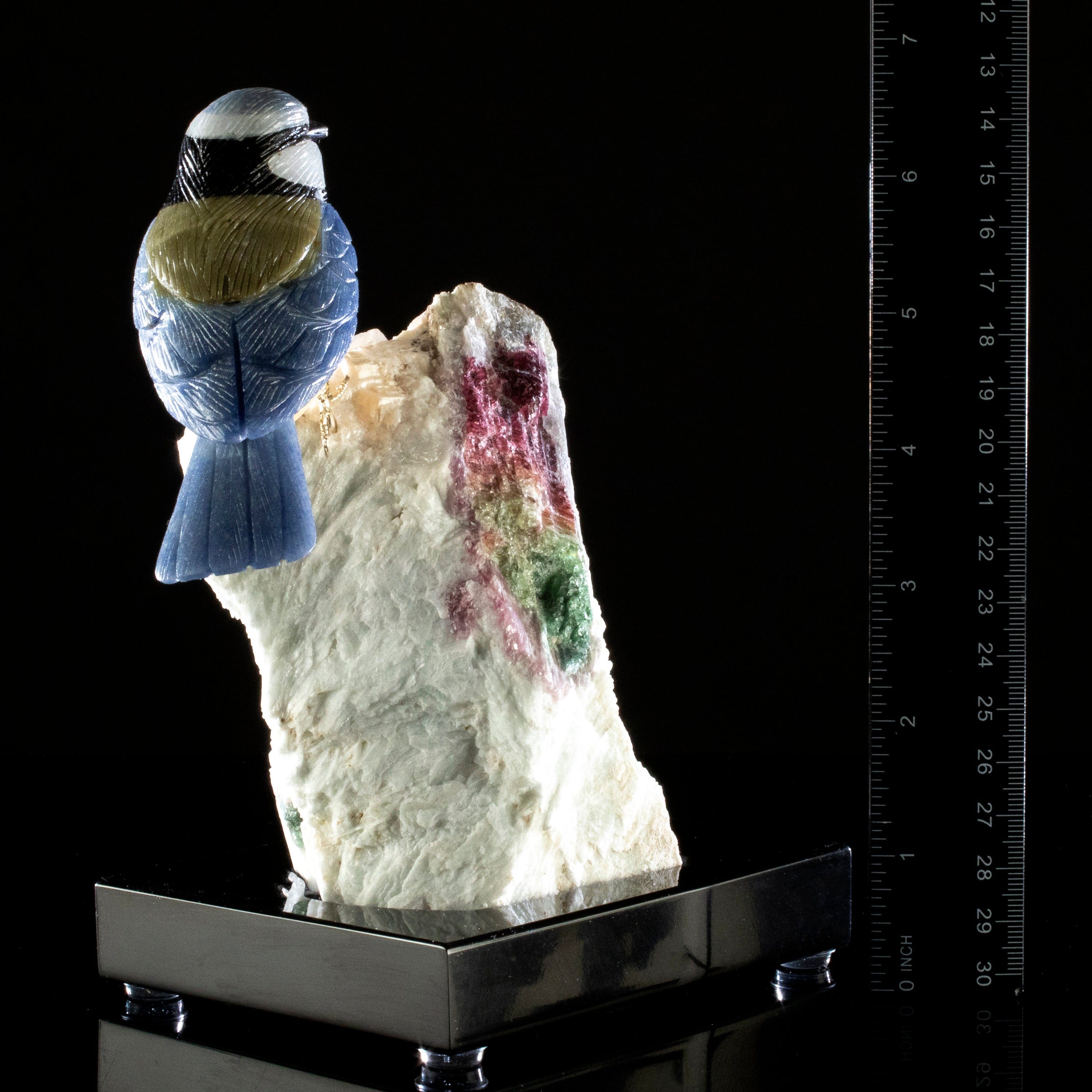 Kalifano Love Birds Carvings Dumortuorite Blue Tit Love Bird Carving on Watermelon Tourmaline Base LB.A150.005