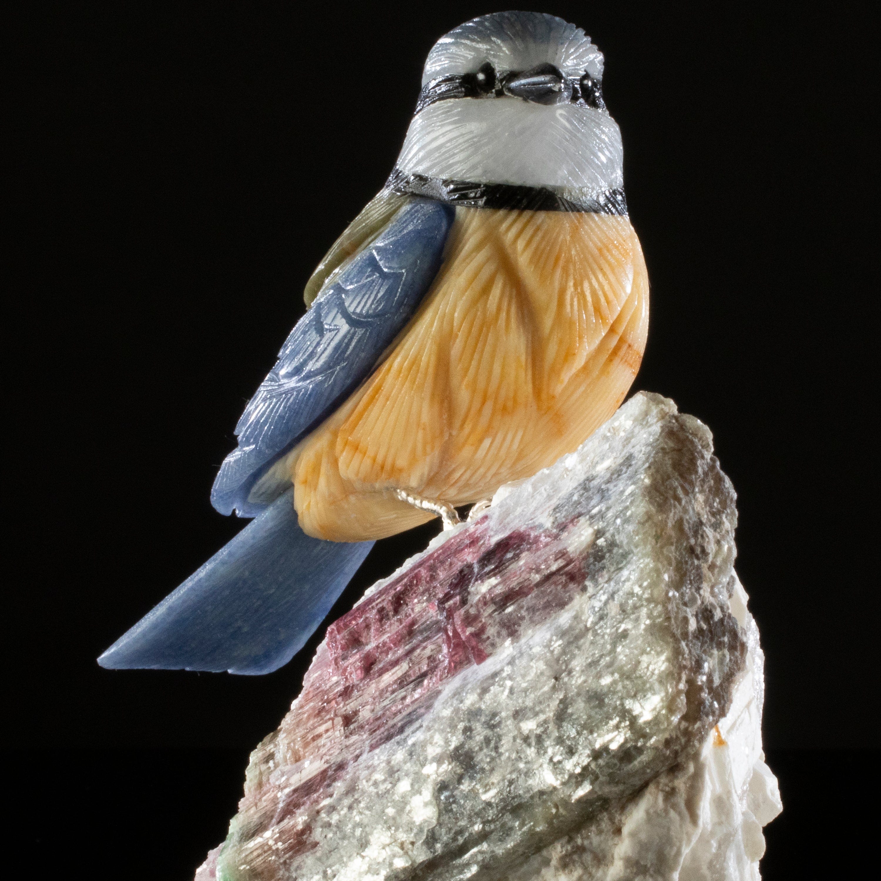 Kalifano Love Birds Carvings Dumortuorite Blue Tit Love Bird Carving on Watermelon Tourmaline Base LB.A150.005