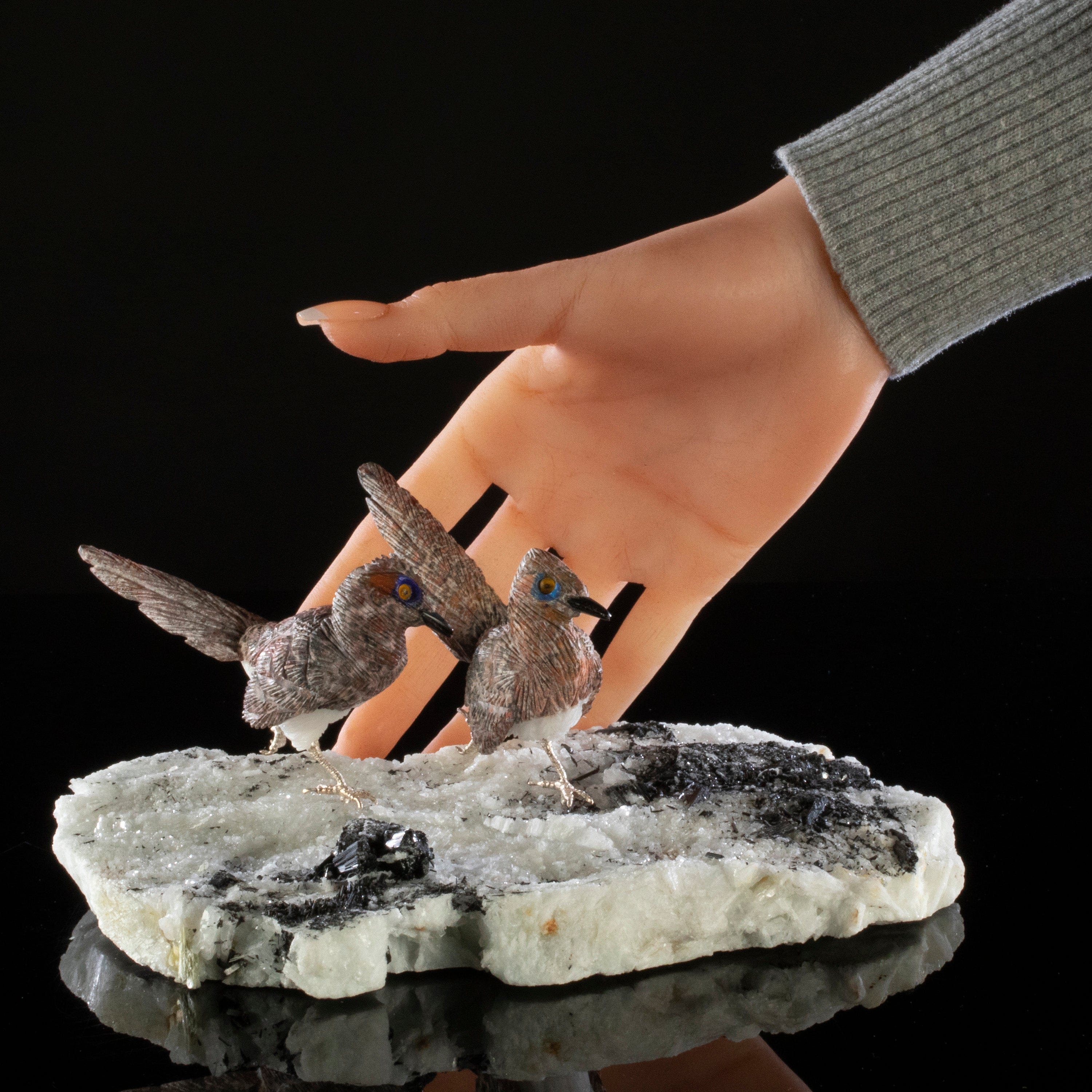 Kalifano Love Birds Carvings Leopardskin Jasper Roadrunner Love Birds Carving on Calcite & Black Tourmaline Base LB.A237.001