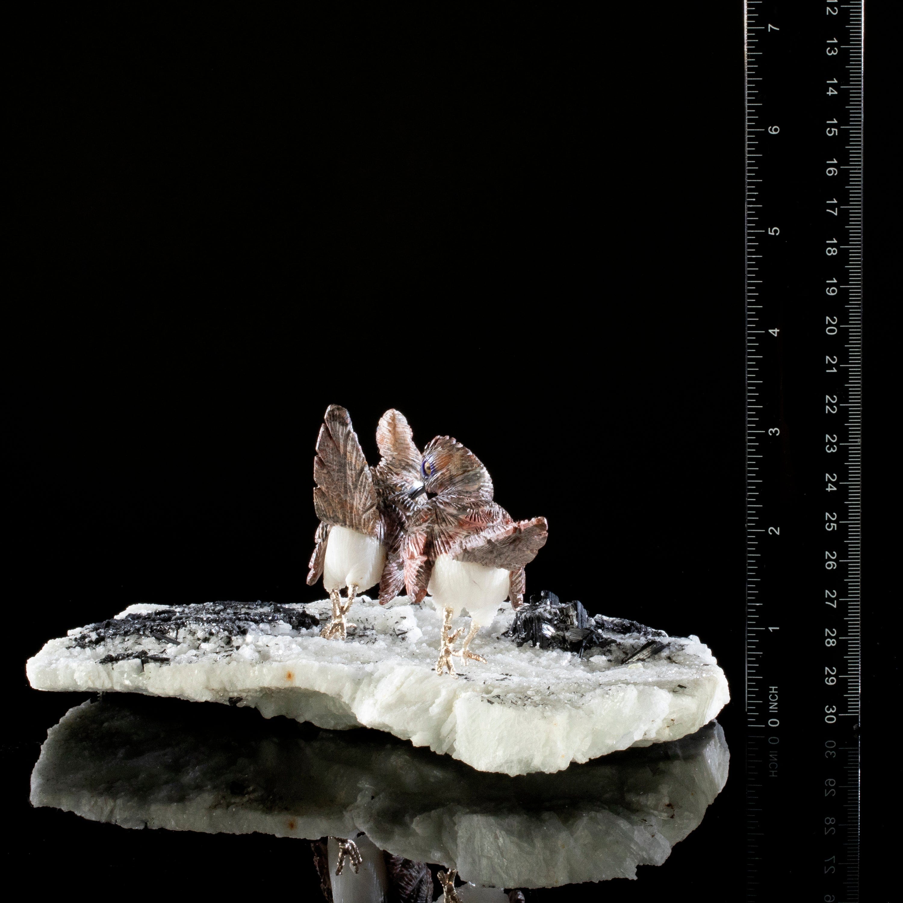 Kalifano Love Birds Carvings Leopardskin Jasper Roadrunner Love Birds Carving on Calcite & Black Tourmaline Base LB.A237.001