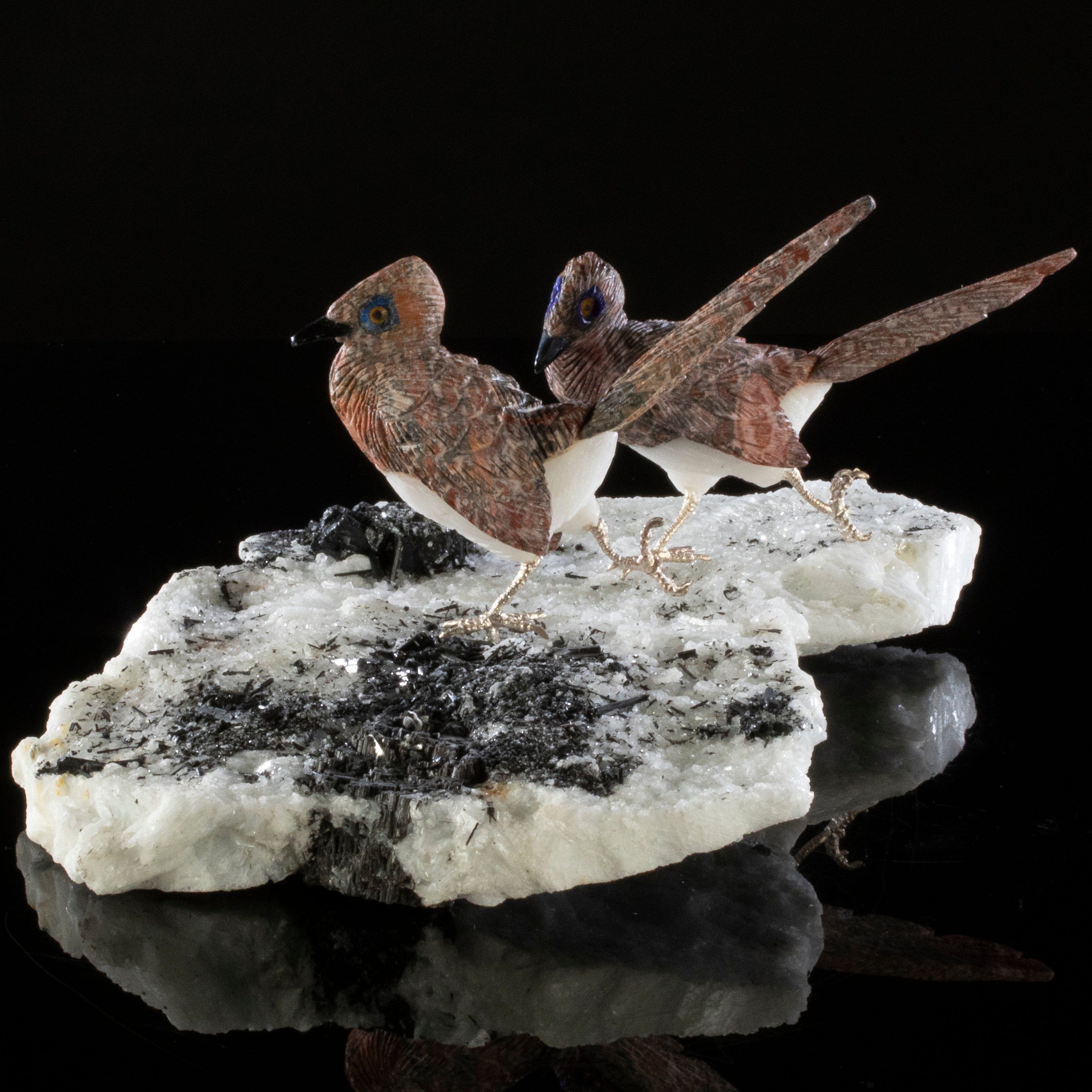 Kalifano Love Birds Carvings Leopardskin Jasper Roadrunner Love Birds Carving on Calcite & Black Tourmaline Base LB.A237.001