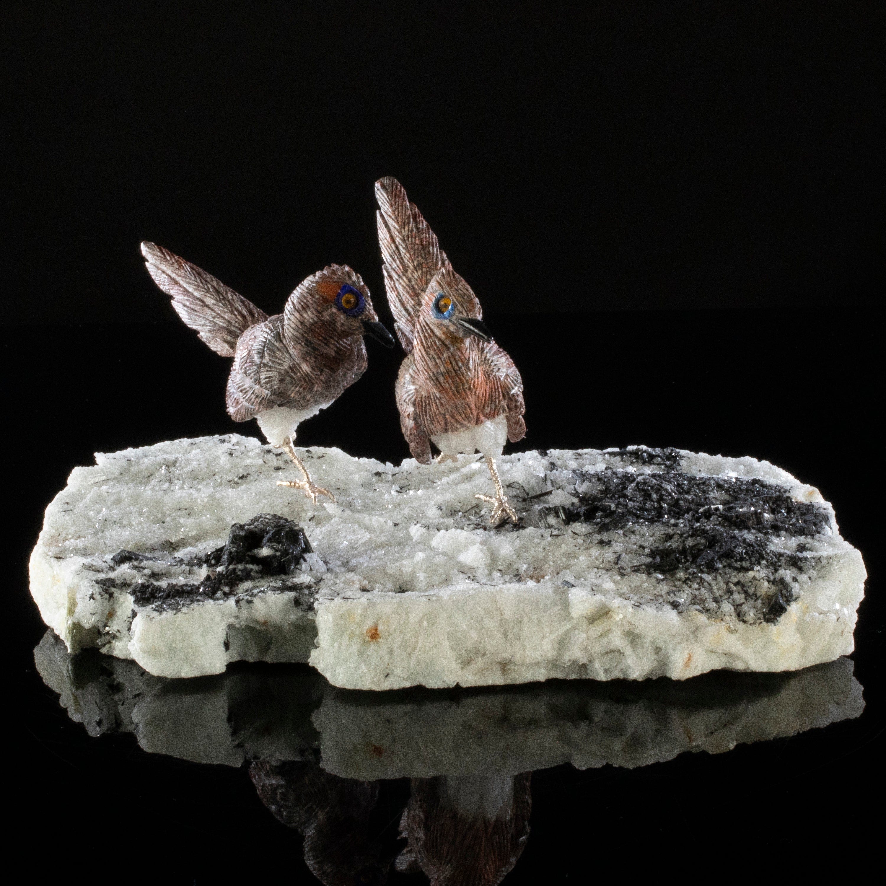 Kalifano Love Birds Carvings Leopardskin Jasper Roadrunner Love Birds Carving on Calcite & Black Tourmaline Base LB.A237.001