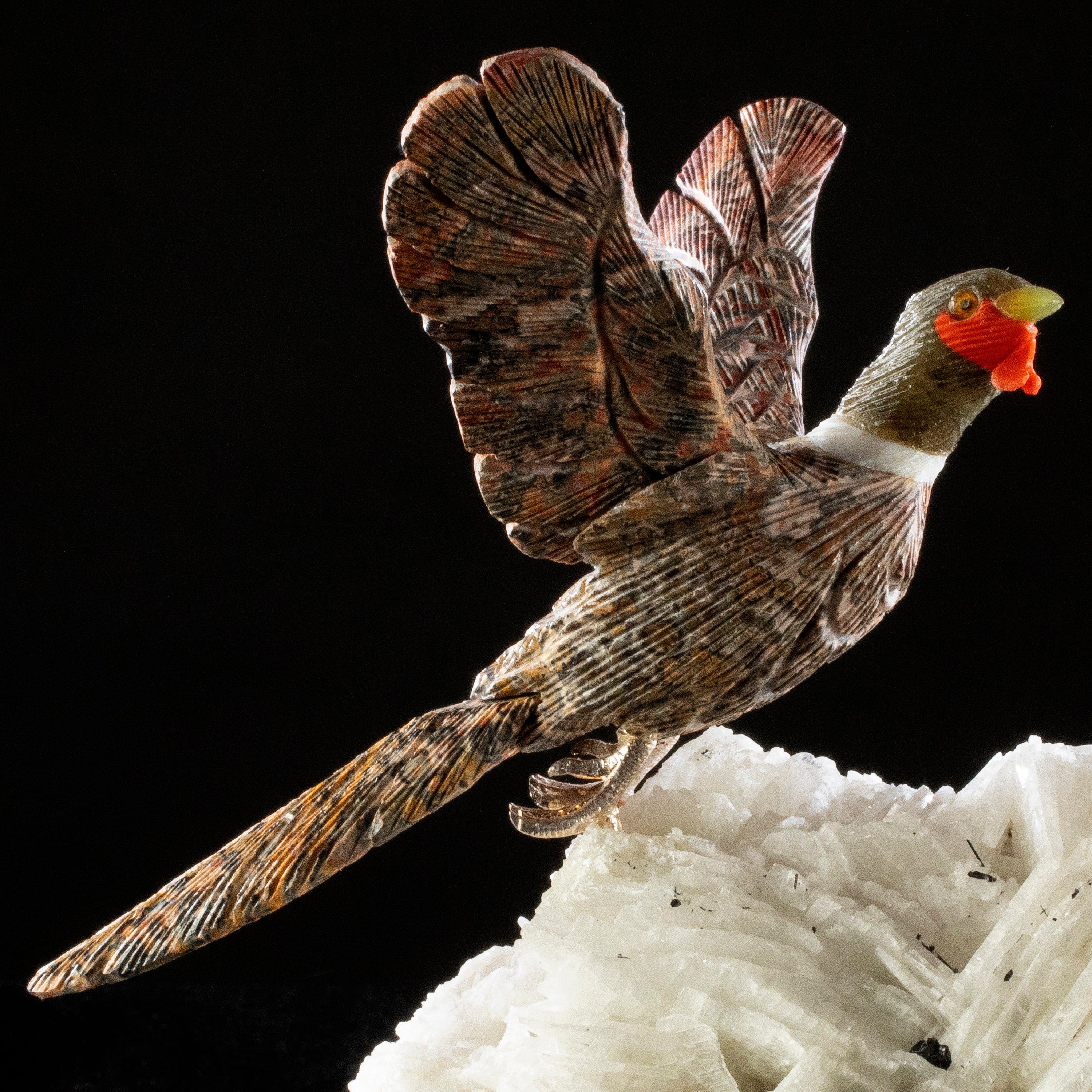 Kalifano Love Birds Carvings Leopardskin Pheaseant Love Bird Carving on Albite Base LB.A162.002