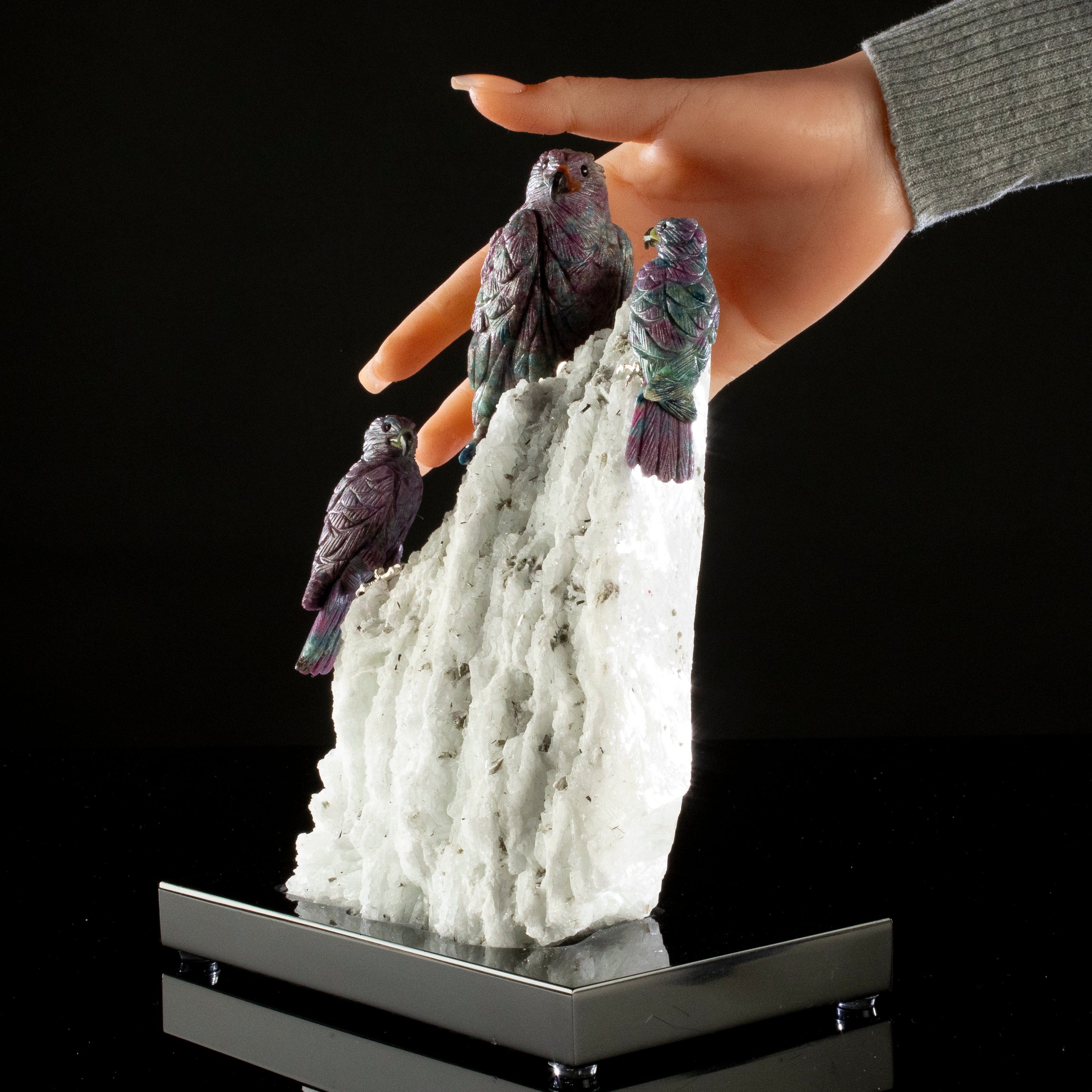 Kalifano Love Birds Carvings Rubizoisite Falcon Love Bird Carvings on Albite Base LB.A163.005