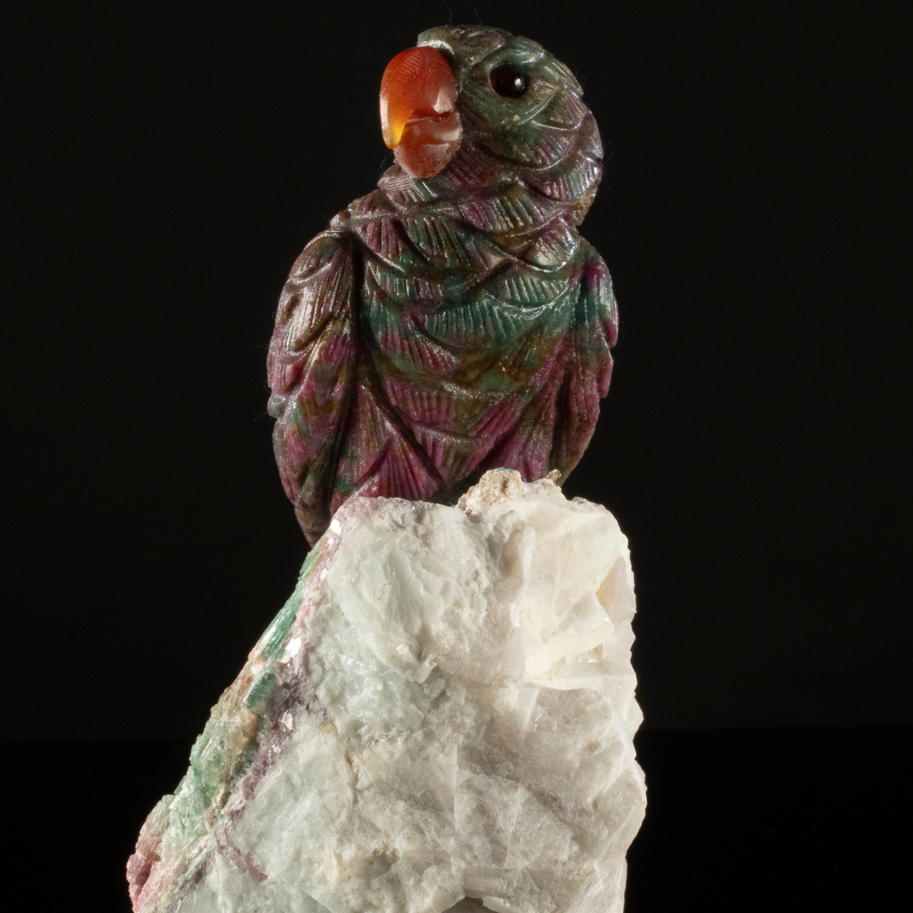 Kalifano Love Birds Carvings Rubizoisite Parrot Love Bird Carving on Watermelon Tourmaline Base LB.B128.002