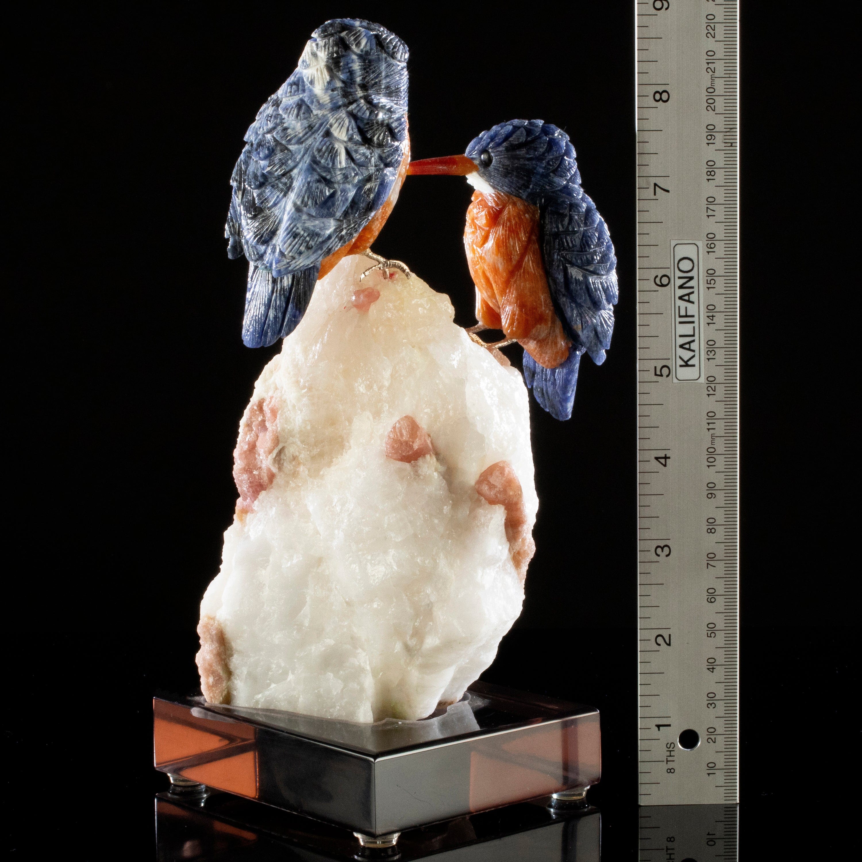 Kalifano Love Birds Carvings Sodalite Belted Kingfisher Love Birds Carving on Tourmaline Base LB.A230.002