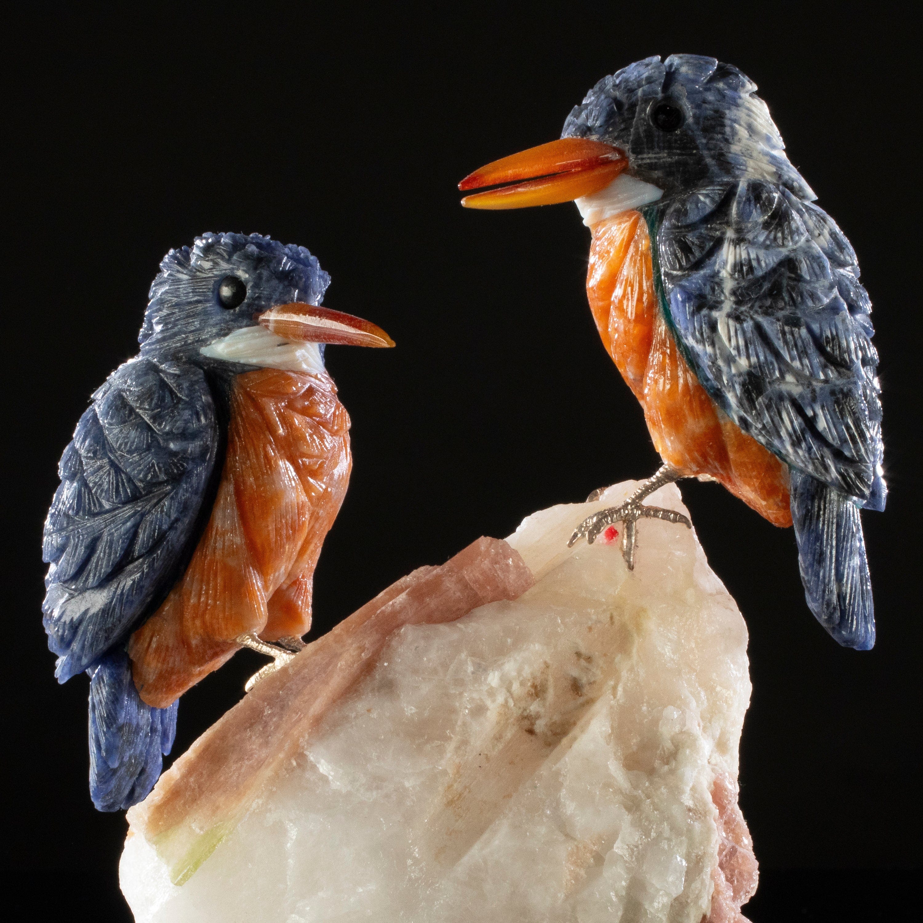 Kalifano Love Birds Carvings Sodalite Belted Kingfisher Love Birds Carving on Tourmaline Base LB.A230.002