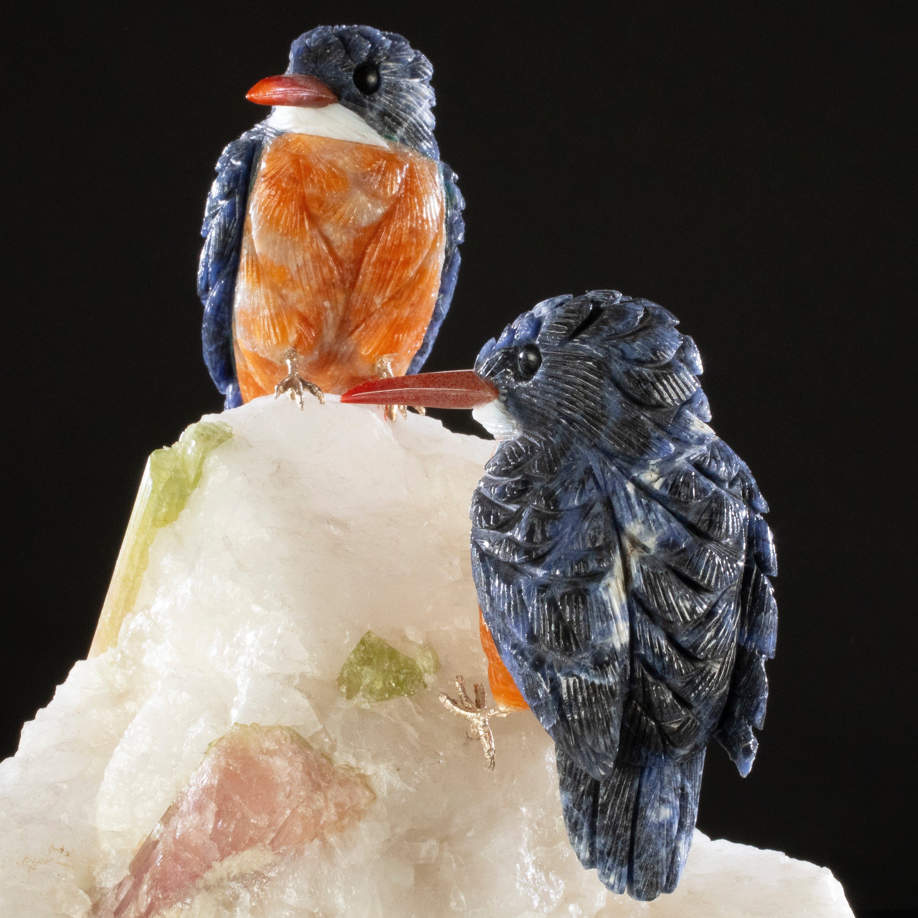 Kalifano Love Birds Carvings Sodalite Belted Kingfisher Love Birds Carving on Watermelon Tourmaline Base LB.A230.001