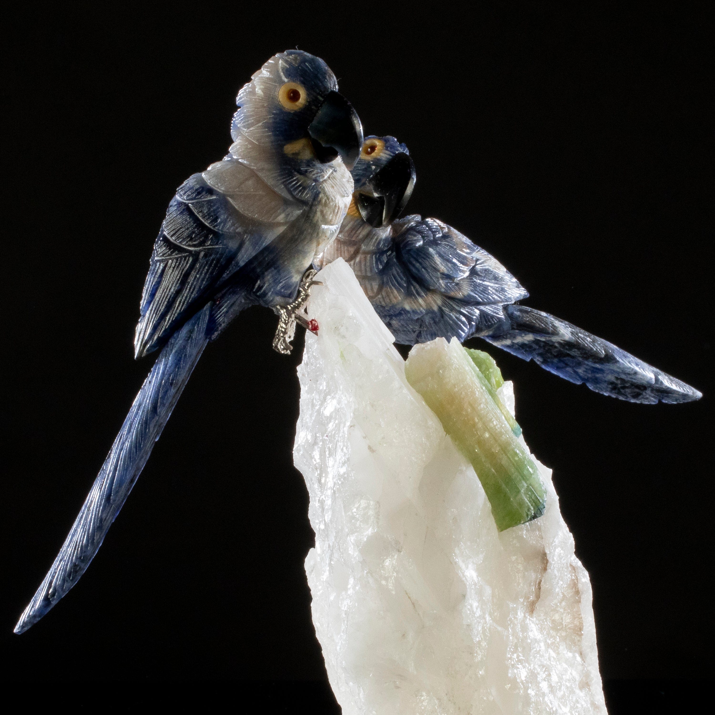 Kalifano Love Birds Carvings Sodalite Hyacinth Love Bird Carvings on Quartz & Tourmaline Base LB.B201.004