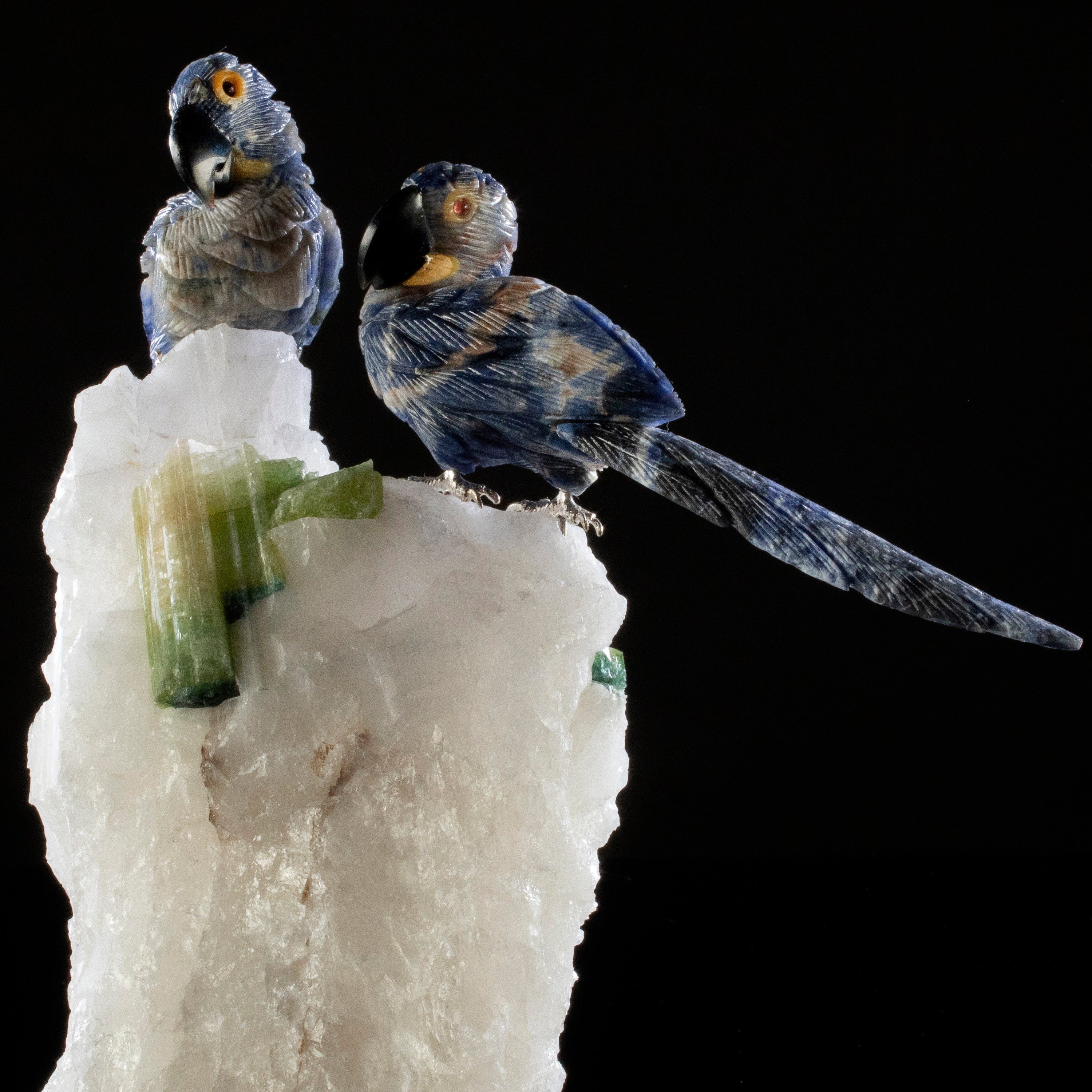 Kalifano Love Birds Carvings Sodalite Hyacinth Love Bird Carvings on Quartz & Tourmaline Base LB.B201.004