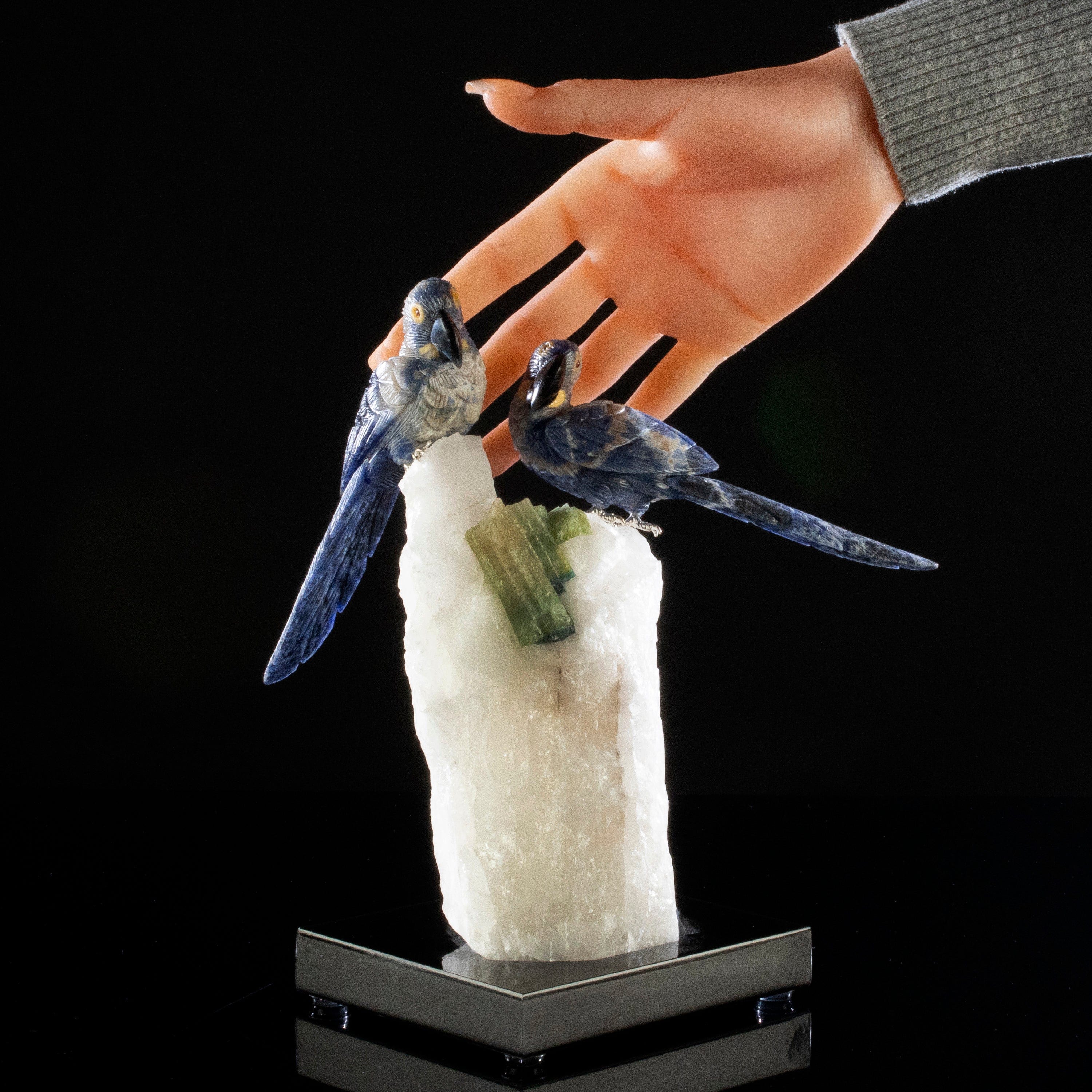 Kalifano Love Birds Carvings Sodalite Hyacinth Love Bird Carvings on Quartz & Tourmaline Base LB.B201.004