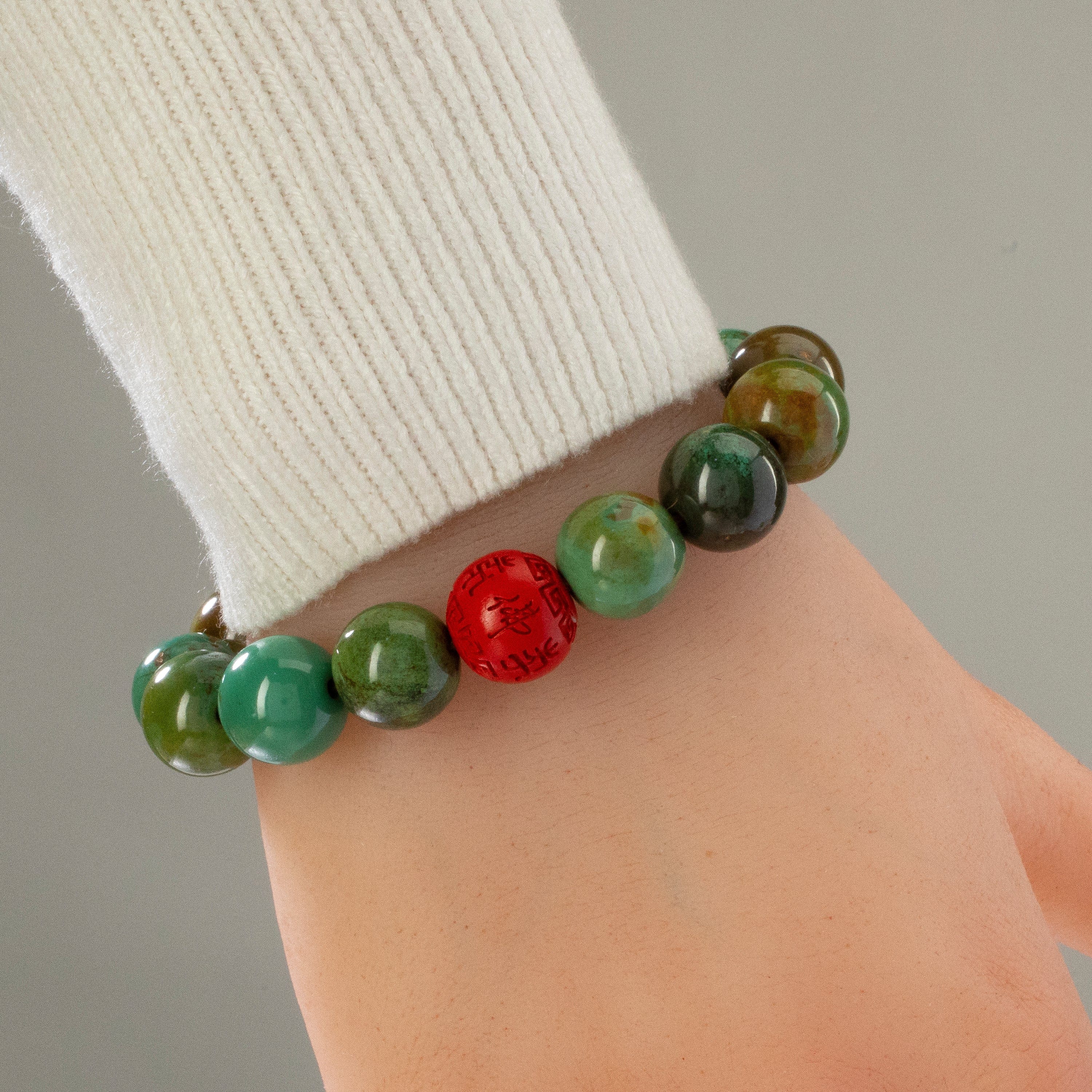 KALIFANO Mongolian Turquoise 12mm Tibet Bead Gemstone Elastic Bracelet